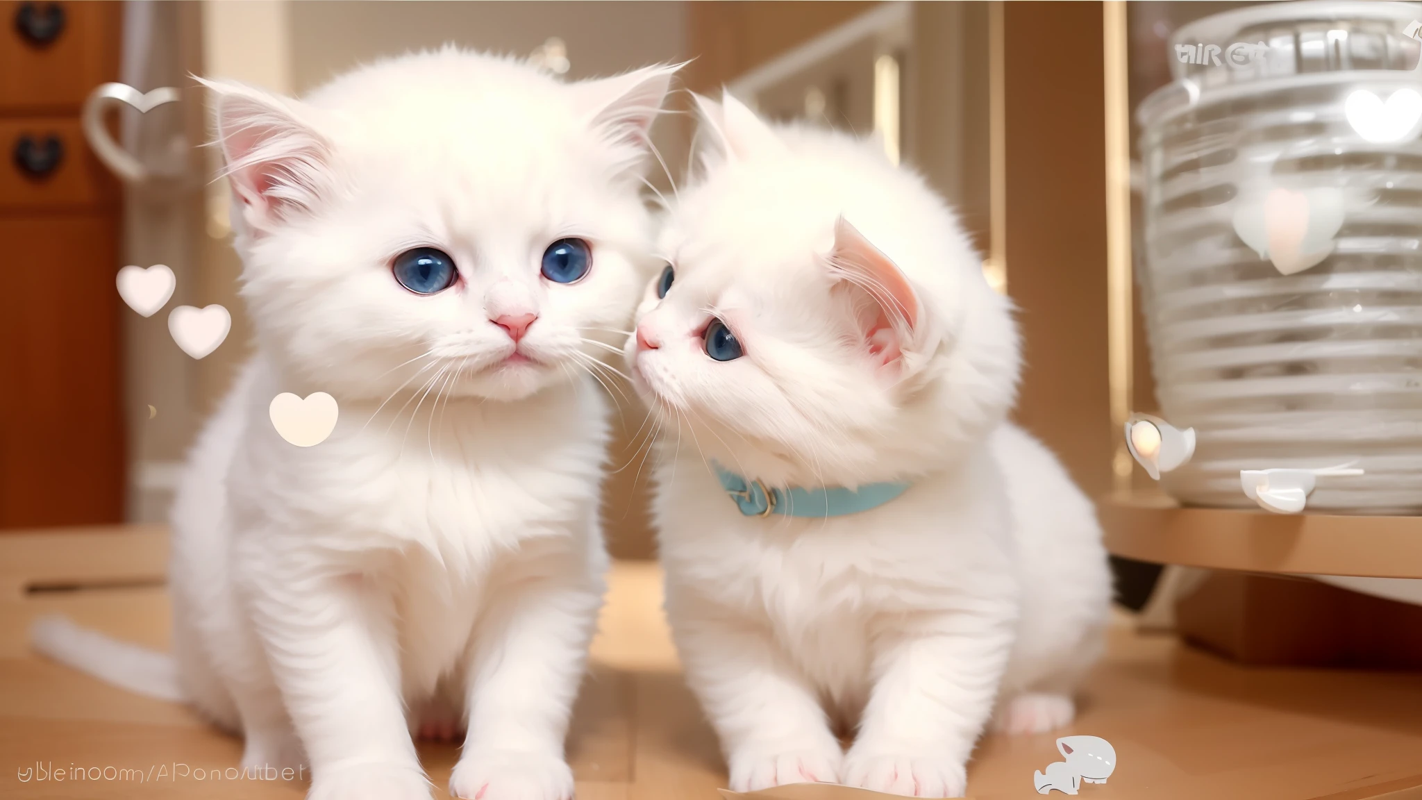 there are two white kittens sitting on a table together, cute cats, cute kittens, lovely and cute, cute and adorable, cute adorable, cute and lovely, kittens, adorable and cute, with cute doting eyes, incredibly cute, adorable, beautiful and cute, adorably cute, cute and cuddly, two headed cat, has two adorable blue eyes, cute beautiful