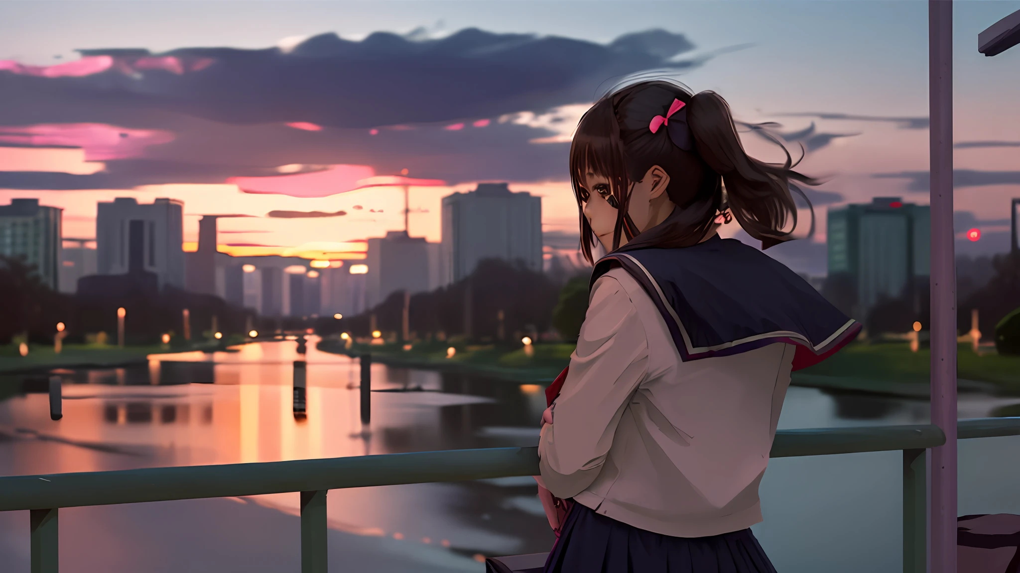 (((1girl, solo))), serafuku, school uniform, scenery, city, dusk