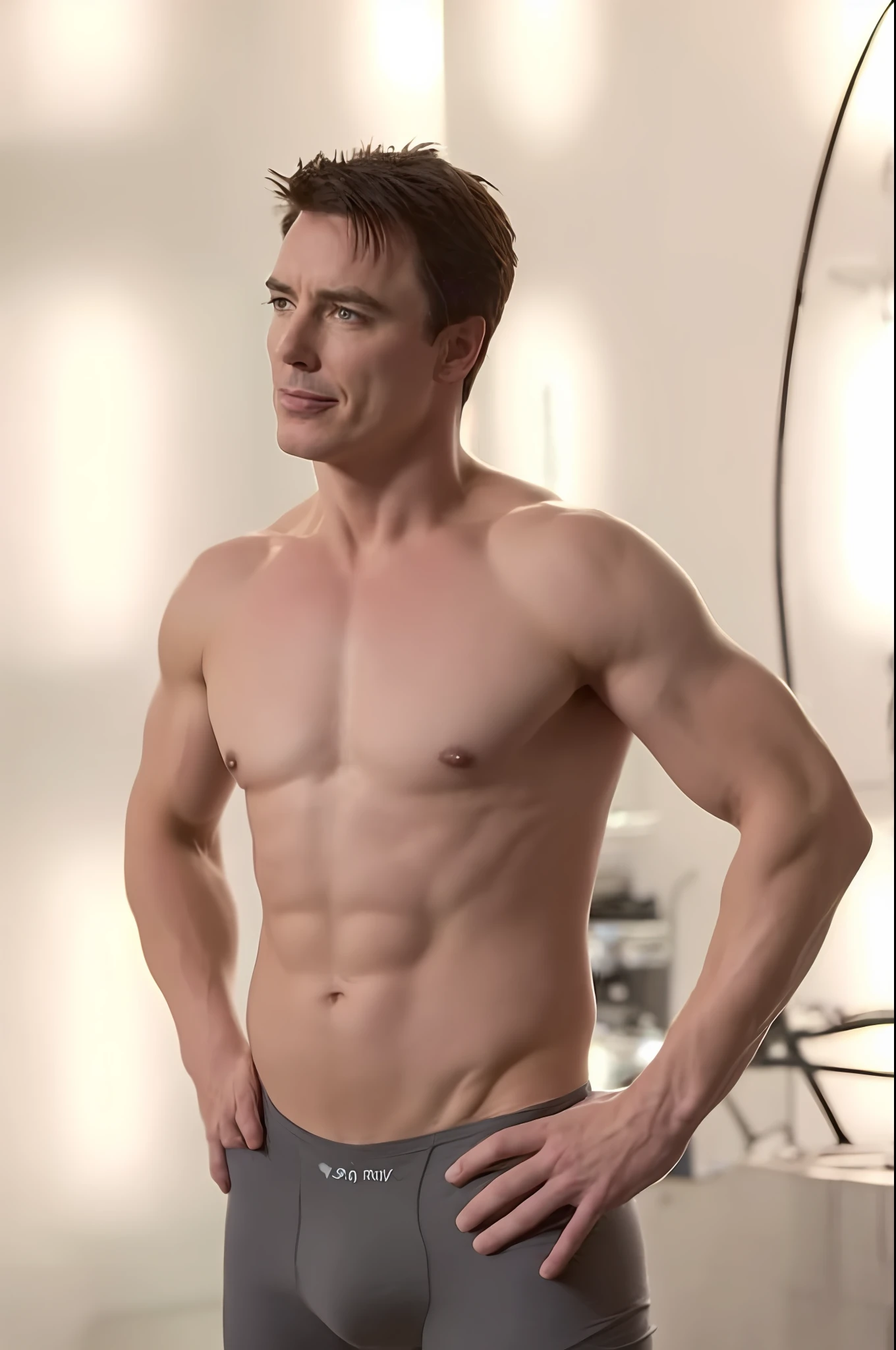John Barrowman shirtless, muscular, ripped, virile, wearing underwear with a huge bulge in it, holding the bulge, big package, sensual, male