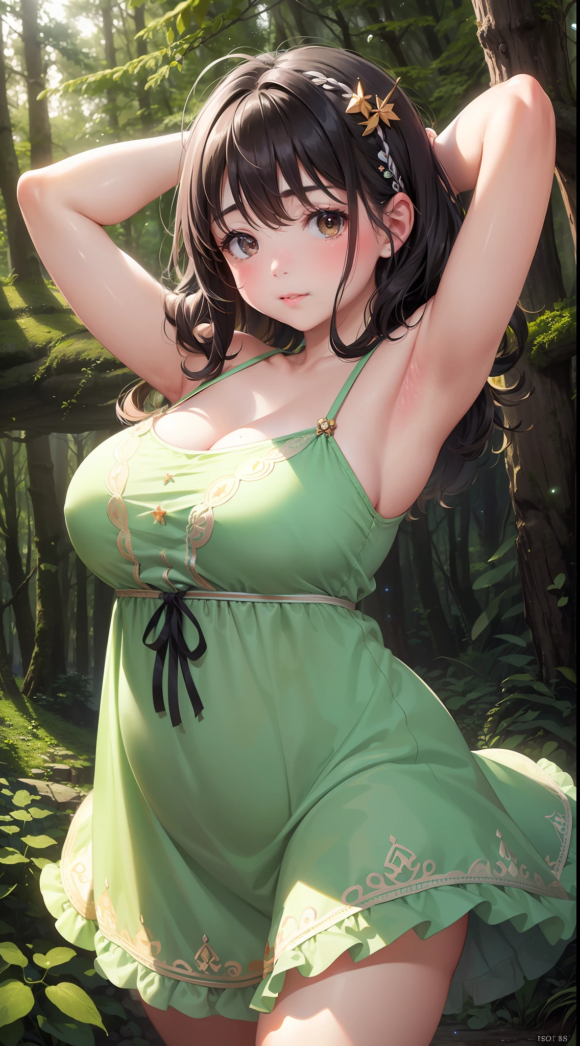 Pudgy, cute, photo of chibi chubby fairy, tunic dresses, fantastic, forest scape, fairies fly away, glow light, arms up, skin folds, hairy armpit, hairy armpits, analog style, skin folds, soft light, complex, abstract beauty, detailed, (highly detailed, hyperdetailed, intricate), 50mm wide angle lens, F2.8 aperture, deep focus, (RAW), ((8k, RAW photo, best quality, masterpiece:1.2)), (realistic, photo-realistic:1.37), (Fujifilm XT3),