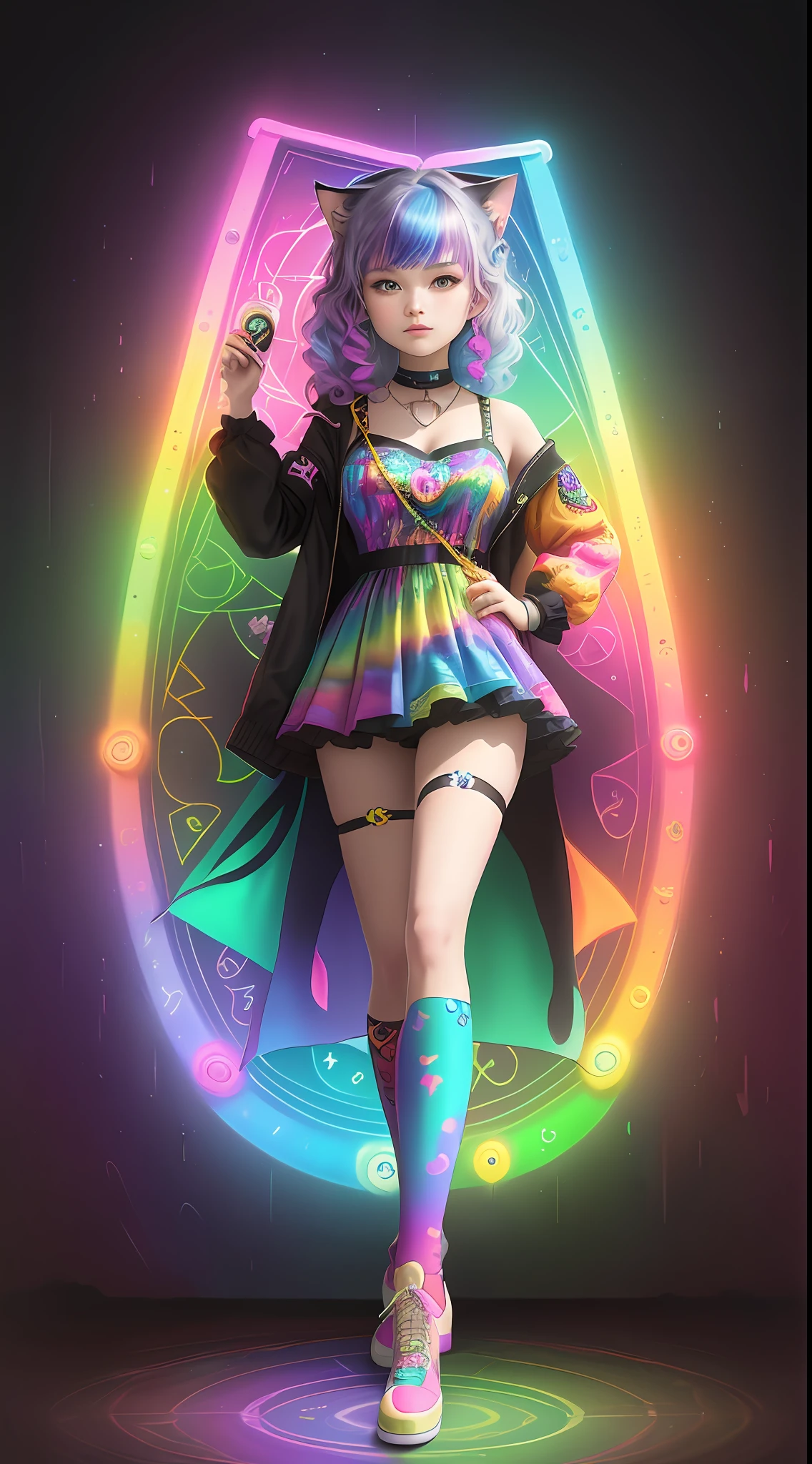 A cute kitten, character design, jewelry design, poster, wall painting, rainbow marble, stained glass, electric colors, neon colors, lisa frank, portrait photography, mandala, rainbowcore, alcohol ink, neon lights, ((aristocrat outfit: 1,5)), northern lights background --ar 9:16 --seed 01 --q 4 --uplight --stop 50