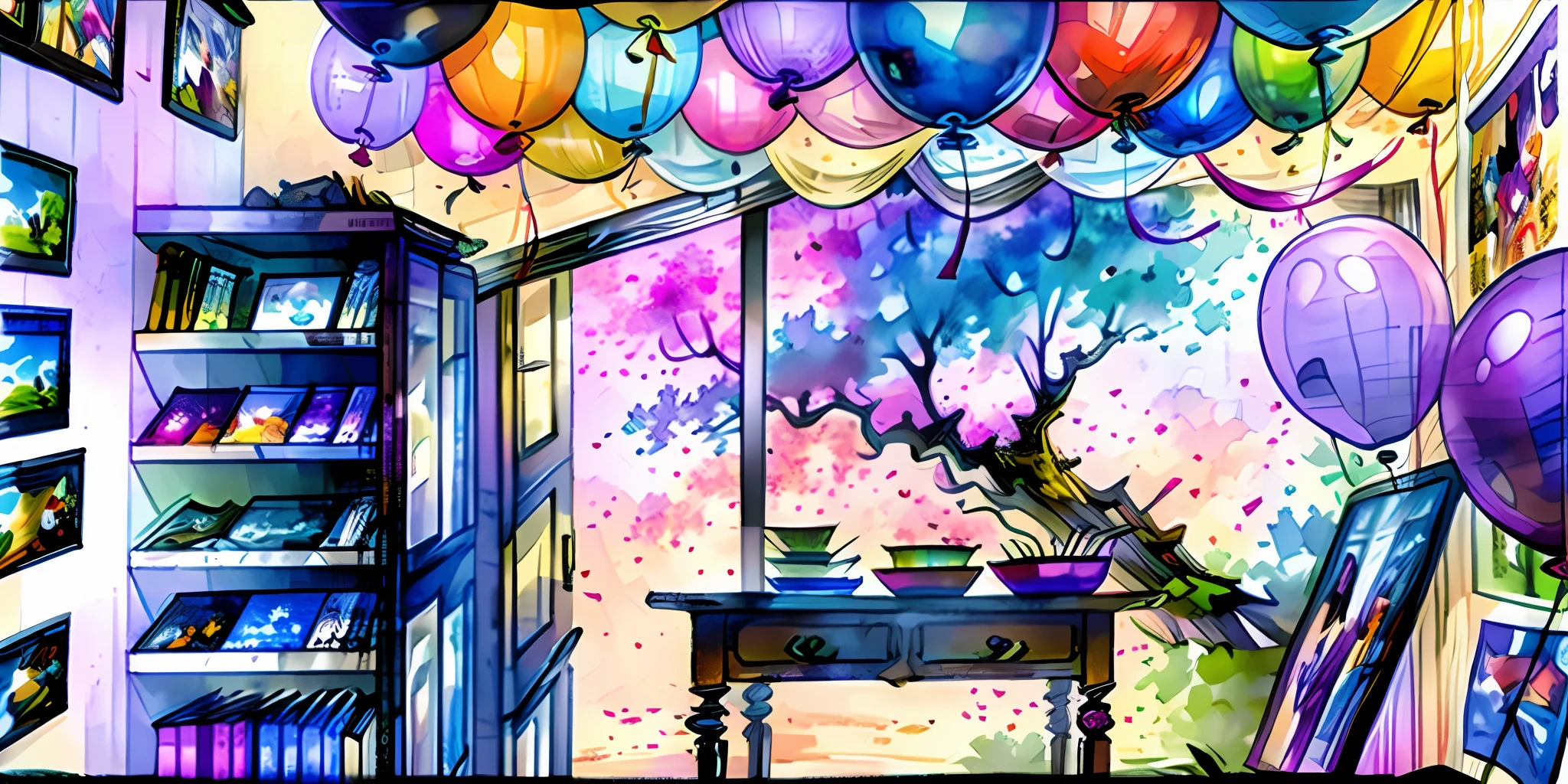 (extremely detailed and realistic CG illustration, best quality, high resolution,)an incredibly detailed and vibrant rendition of (various colorful comic book stacks placed on a table),(multiple balloons and ribbons tied at each end of the table) on a background of a (magnificently vibrant purple wall) adorned with a high-tech (LED TV and sleek sound system tucked away in a cabinet).