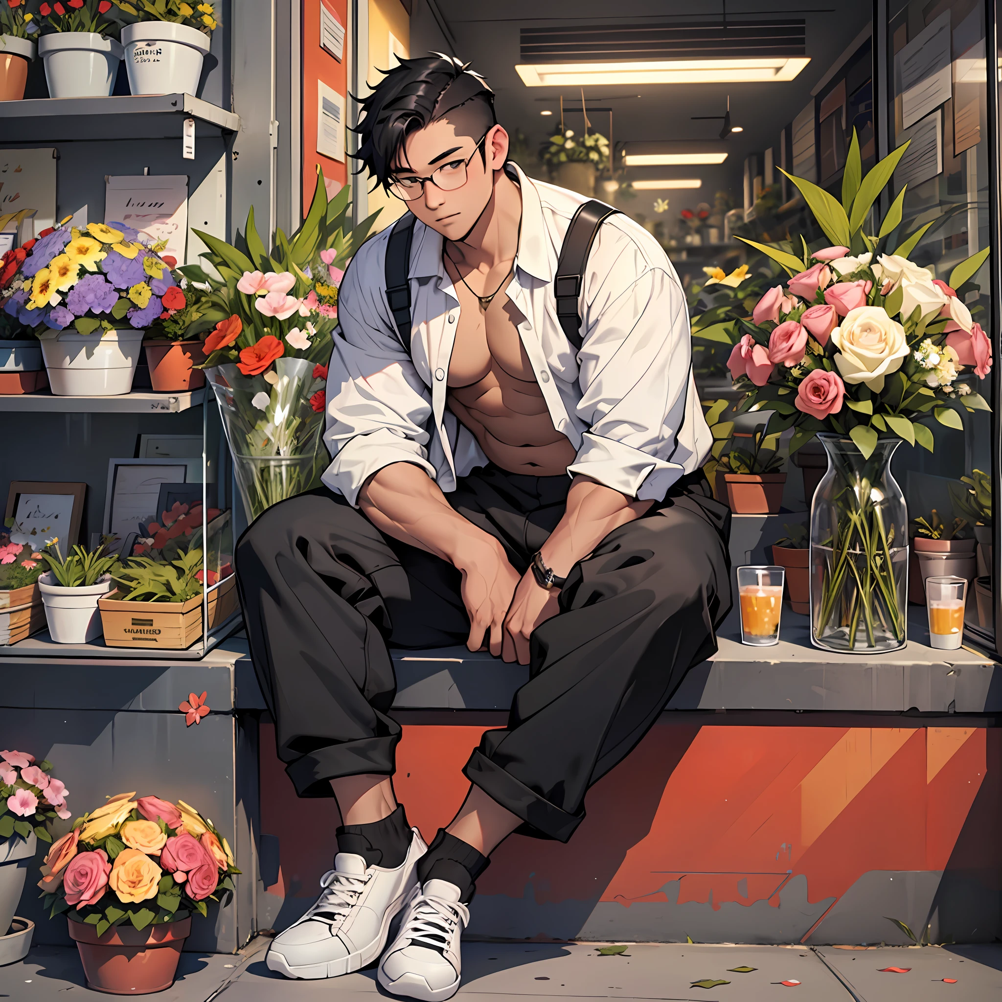 20 years old, male with short black hair, fat, muscular, in a flower shop, open shirt, surrounded by bouquets, white black-trimmed high-top sneakers, sitting on balcony, no lenses frames