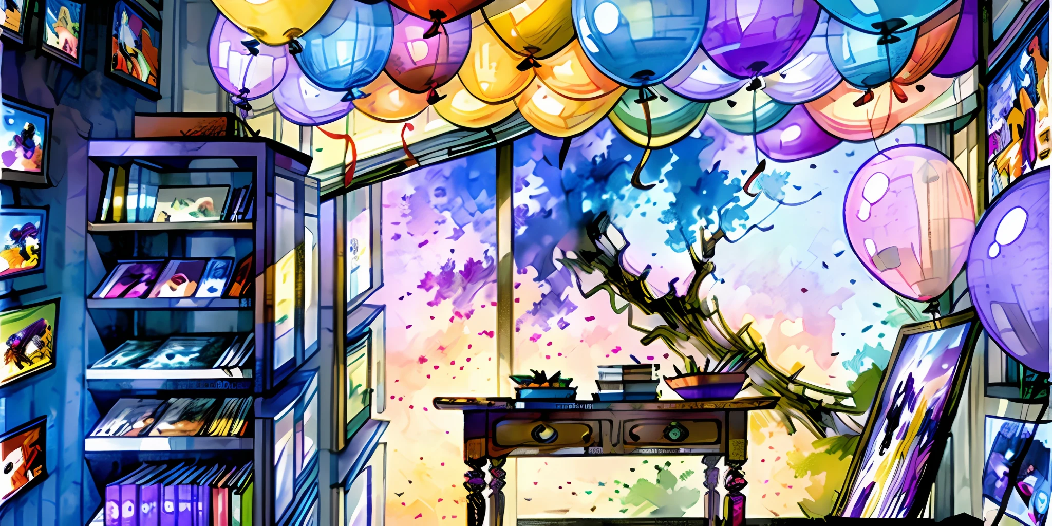 (extremely detailed and realistic CG illustration, best quality, high resolution,)an incredibly detailed and vibrant rendition of (various colorful comic book stacks placed on a table),(multiple balloons and ribbons tied at each end of the table) on a background of a (magnificently vibrant purple wall) adorned with a high-tech (LED TV and sleek sound system tucked away in a cabinet).