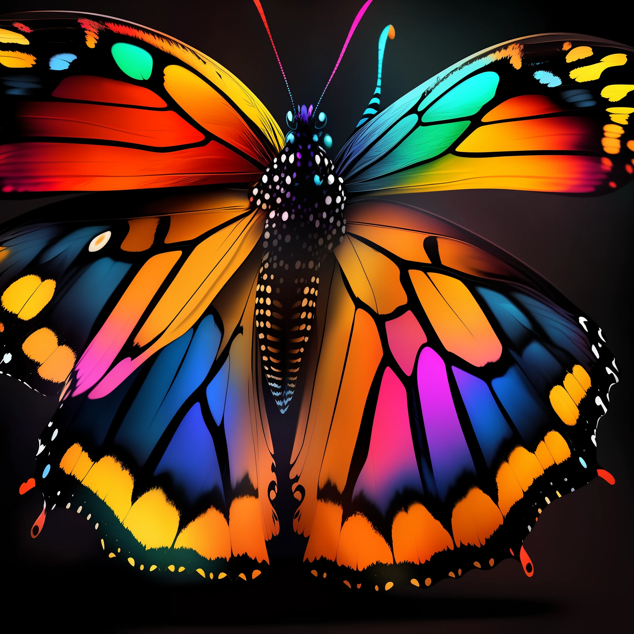 A colorful butterfly on a black background and a red, yellow and blue butterfly on a black background, chaingirldark style ultra-detailed, realistic, trending on artstation, 4k, 8k