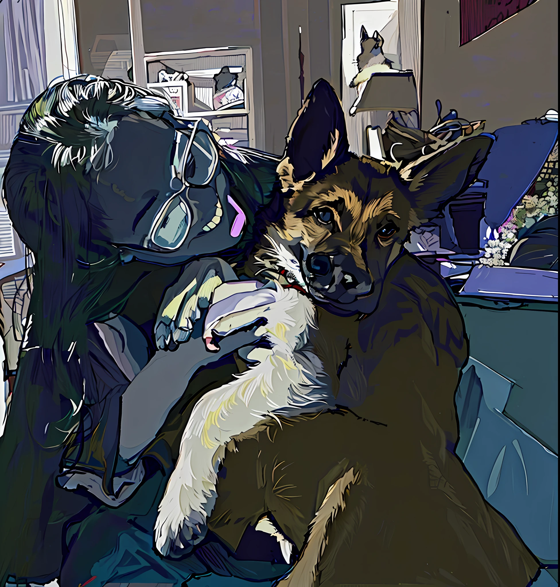 there is a woman holding a dog in her arms, by Nándor Katona, by Amelia Peláez, a German shepherd puppy, by Romain brook, holding an epée, by Matteo Pérez, by Emma Andijewska, by Emma Ríos, by Luis Miranda, by João Artur da Silva, by Viktor Oliva