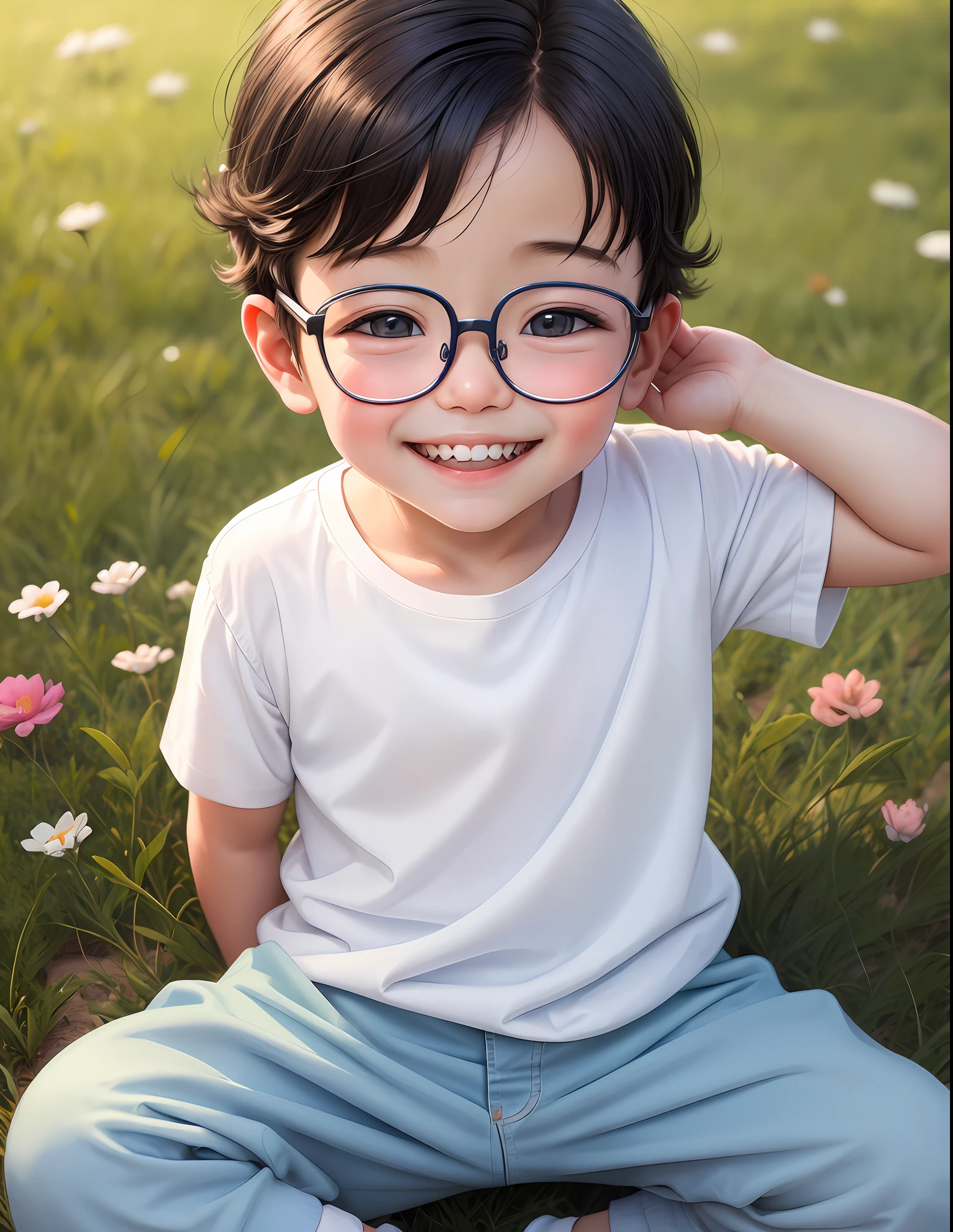 a little boy,with glasses , birthday, rosy chubby cheeks, only 4 teeth in his jaw, smiling brightly, wearing white shirt and blue pant, sitting on a field,