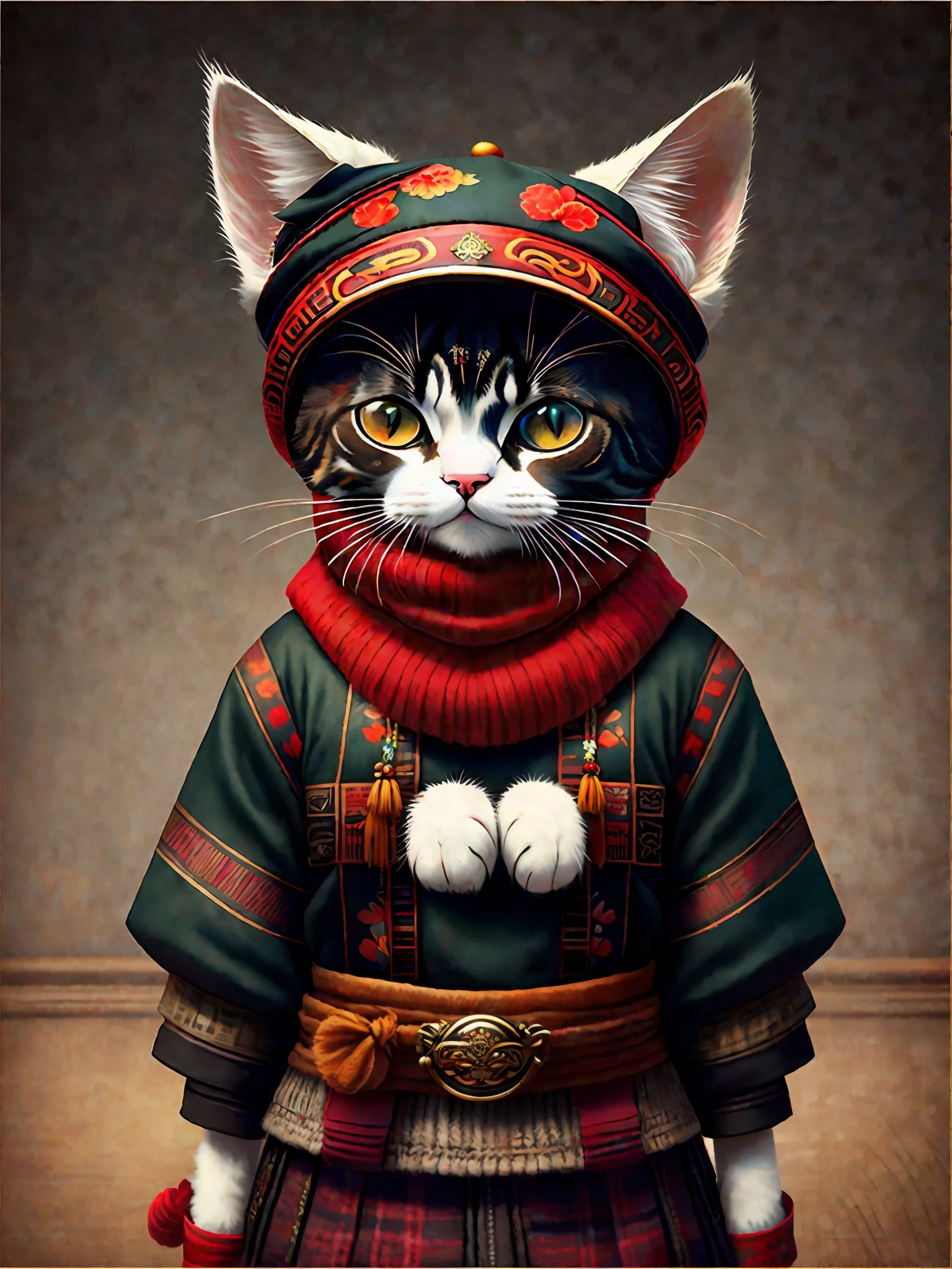 Pictures of cats in hats and scarves, art station trends, wearing punk clothes, ultra-realistic detailed rendering, traditional Chinese costumes, urban style, intimidating poses, cat planet, fashion clothing, urban samurai, meow, terracotta features, 8 1 5