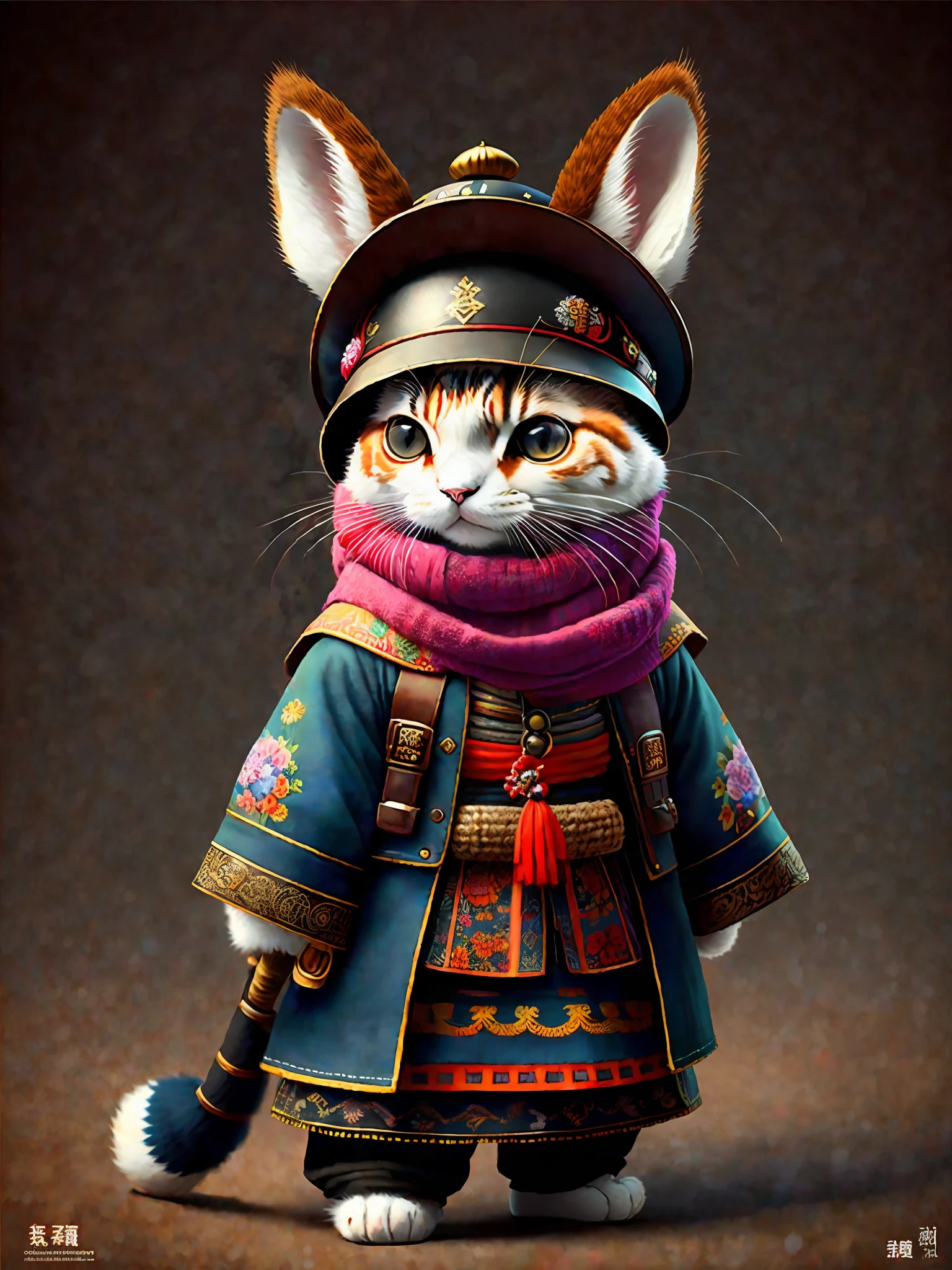 Pictures of cats in hats and scarves, art station trends, wearing punk clothes, ultra-realistic detailed rendering, traditional Chinese costumes, urban style, intimidating poses, planet of rabbits, fashion clothing, urban samurai, terracotta warrior features, 8 1 5
