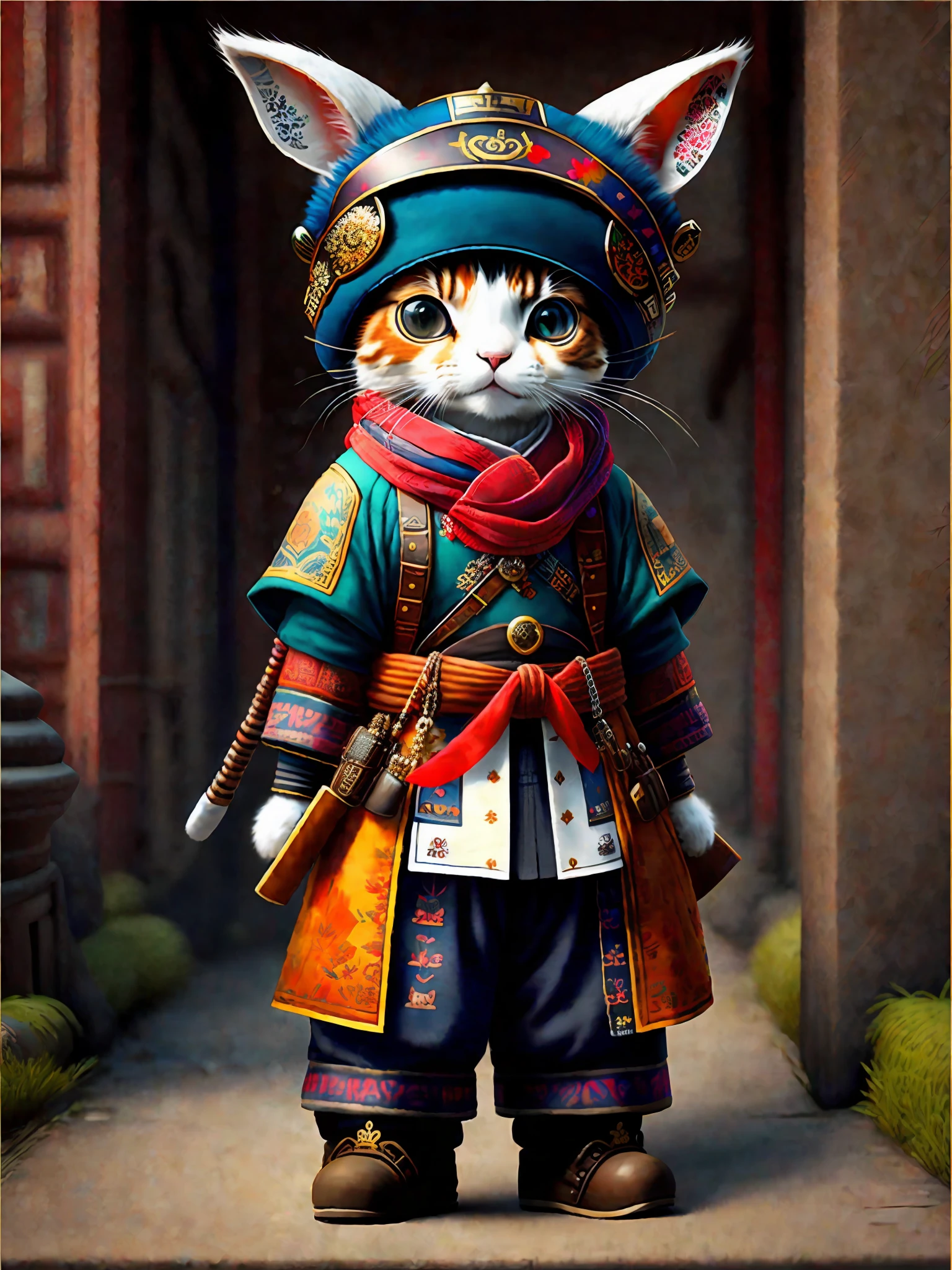 Pictures of cats in hats and scarves, art station trends, wearing punk clothes, ultra-realistic detailed rendering, traditional Chinese costumes, urban style, intimidating poses, planet of rabbits, fashion clothing, urban samurai, terracotta warrior features, 8 1 5