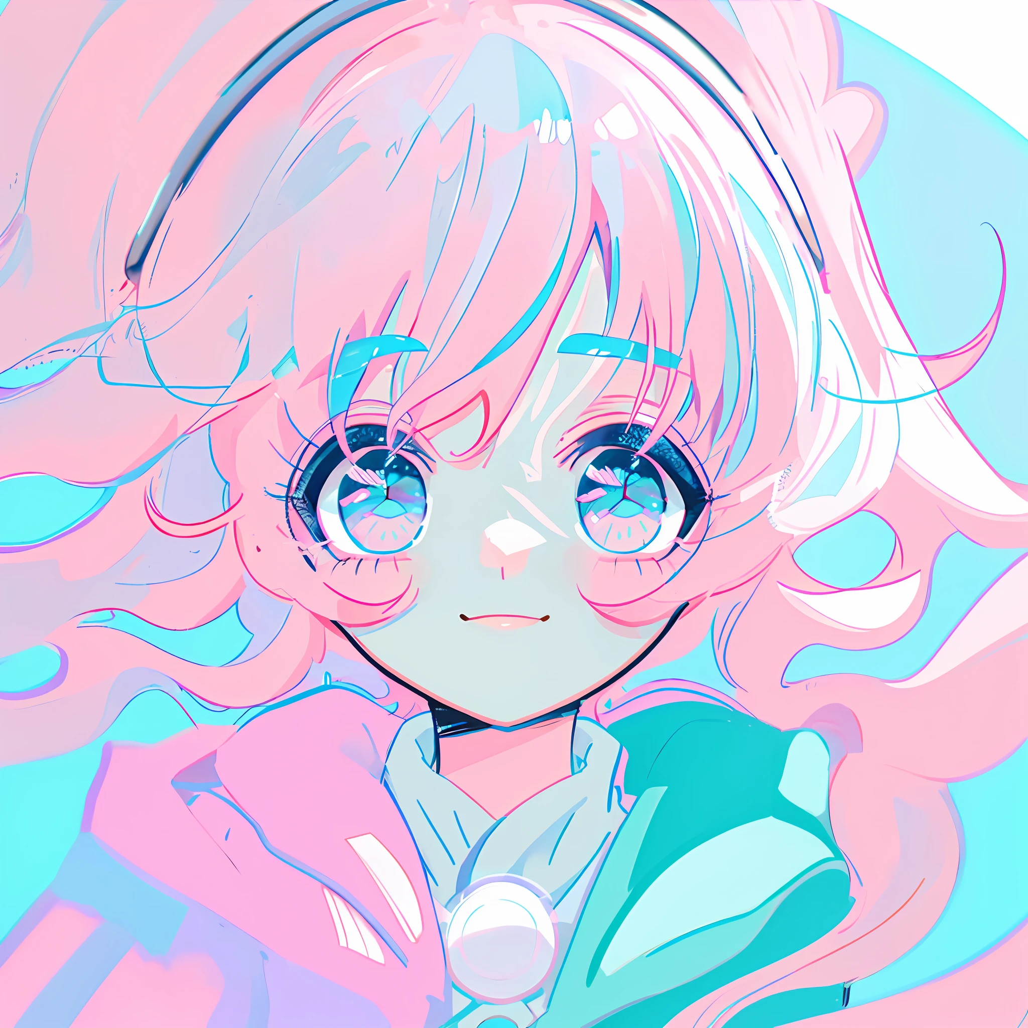 light blue and pink hair, anime, ghibli, anime style, close up, from side, first-person perspective, 8k, super detail, masterpiece,super detail, high quality, high resolution, high detail, white background, face detail, happiness, short curly hair,