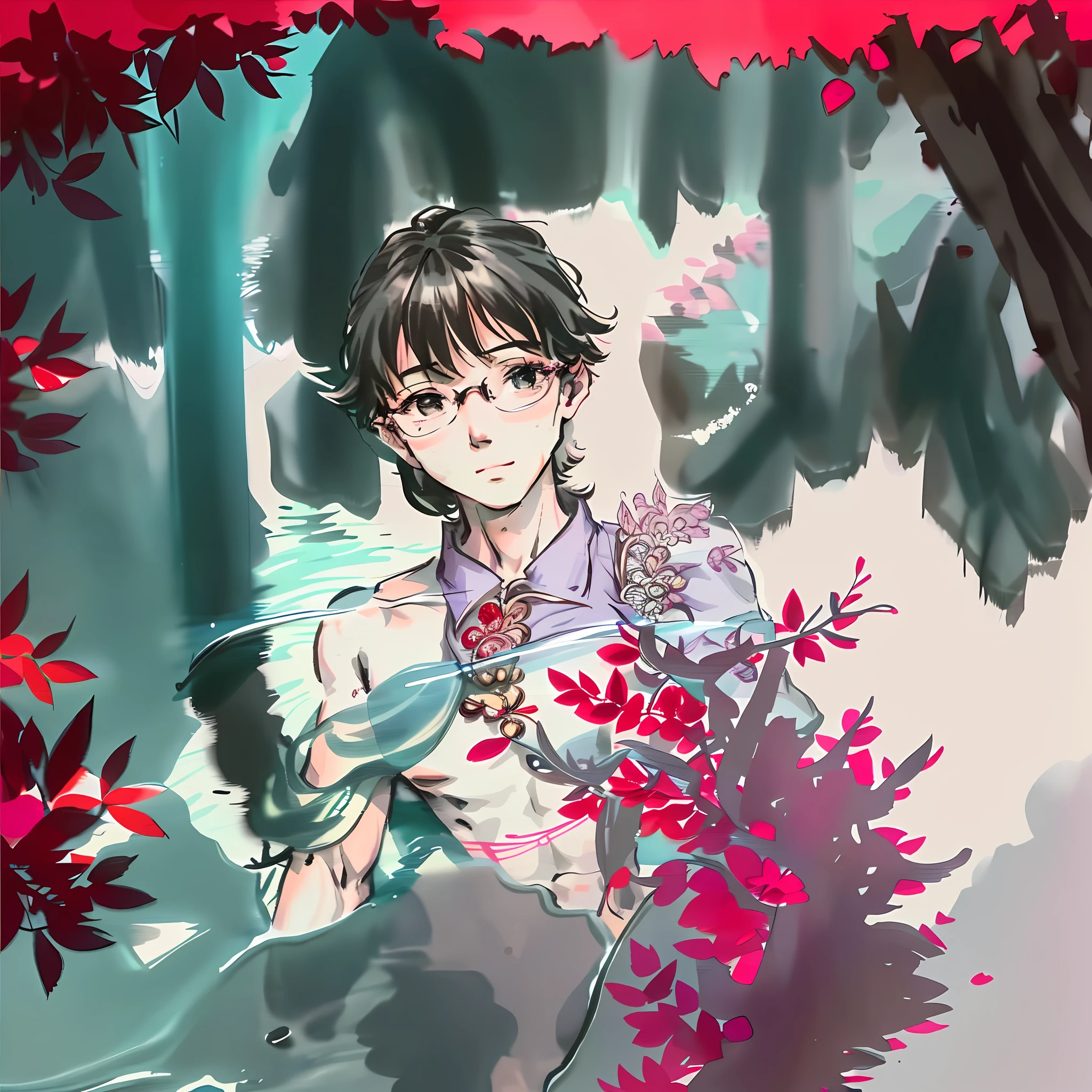 1 male, adult, tall muscular, handsome, with glasses, intricate details, clear water, pink flowers, boy's body immersed in water, half naked, doubtful, aesthetic, romantic, dreamy, firefly light