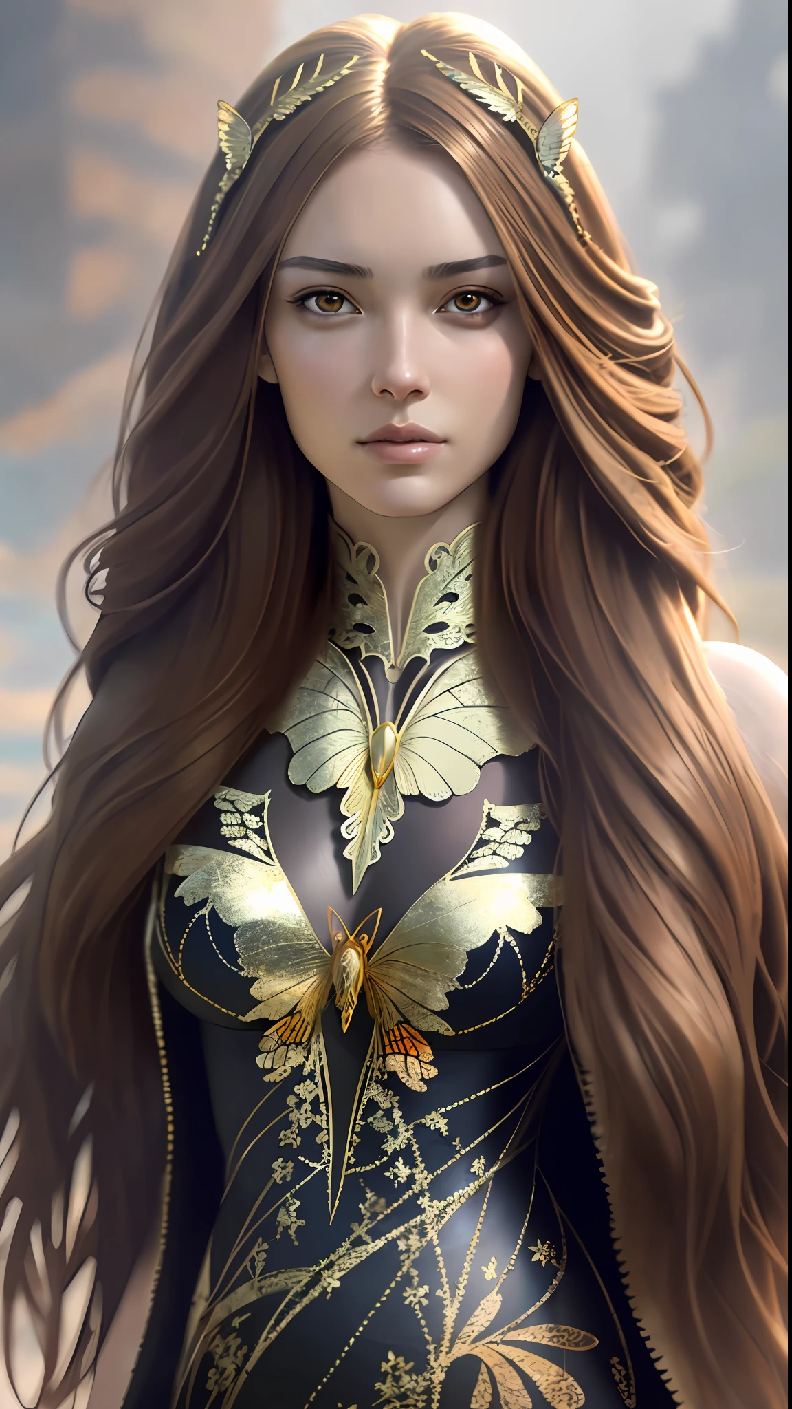 8k portrait of beautiful cyborg with brown hair, intricate, elegant, highly detailed, majestic, digital photography, art by artgerm and ruan jia and greg rutkowski surreal painting gold butterfly filigree, broken glass, (masterpiece, sidelighting, finely detailed beautiful eyes: 1.2), hdr,