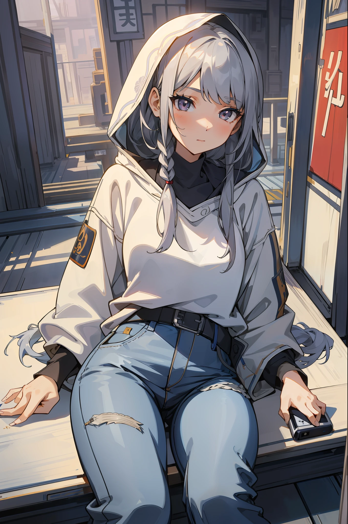 Masterpiece, pagoda, 1girl, long silver hair, twisted braids, slanted bangs, (holding a mobile phone 1.5), hooded sweatshirt, jeans, sitting at the station, Tokyo, animation lighting 1.2, --v 6