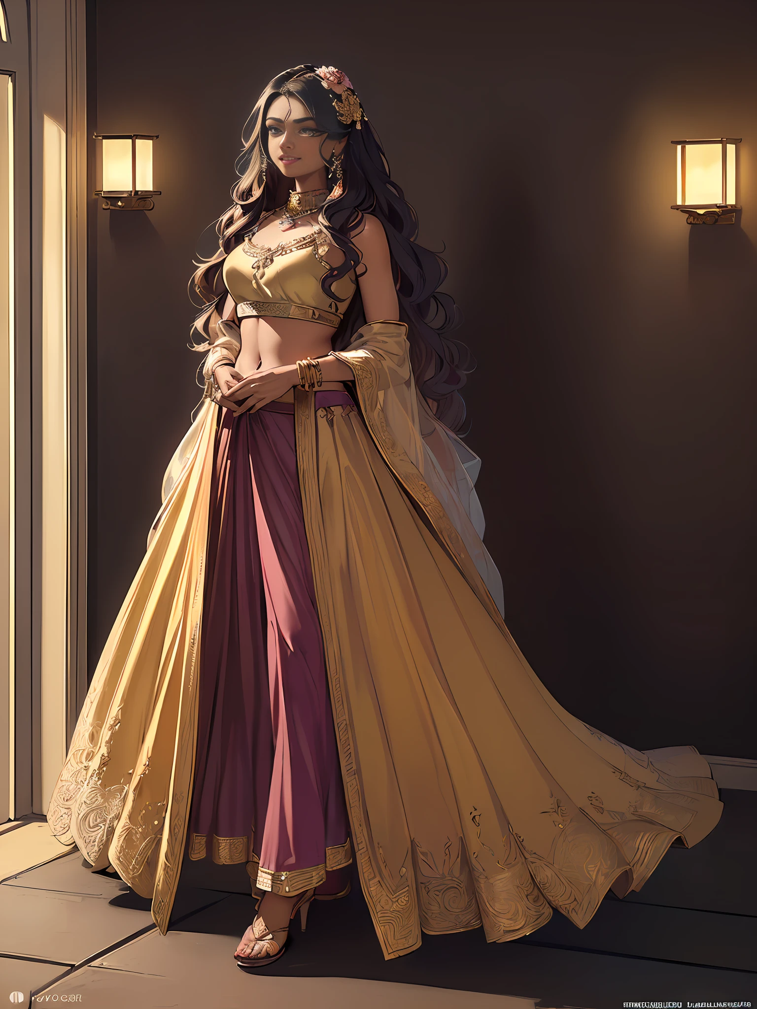 (extremely detailed CG unity 8k wallpaper:1.5),<(masterpiece:1.5), (best quality:1.7), high resolution illustration, (finely detailed eyes and detailed face:1.3), (detail:1.3, best quality, (ultra-detailed), (an extremely delicate and beautiful), (illustration), (painting),(masterpiece:1.5),cinematic light,dynamic angle,floating,sharp focus,(2d:1.7), (best quality:1.3),(illustration:1.1),((big wavy braided hair:1.2),(beautiful detailed eyes:1.1),(cinematic light:1.1), sensuous alluring ravishing 18 yr old supermodel Nandita Das smiling with serene expression , wearing elegant haute couture lehenga choli and heels, in palace corridor, flower petals falling on her, (balanced colour temperature:1.2)