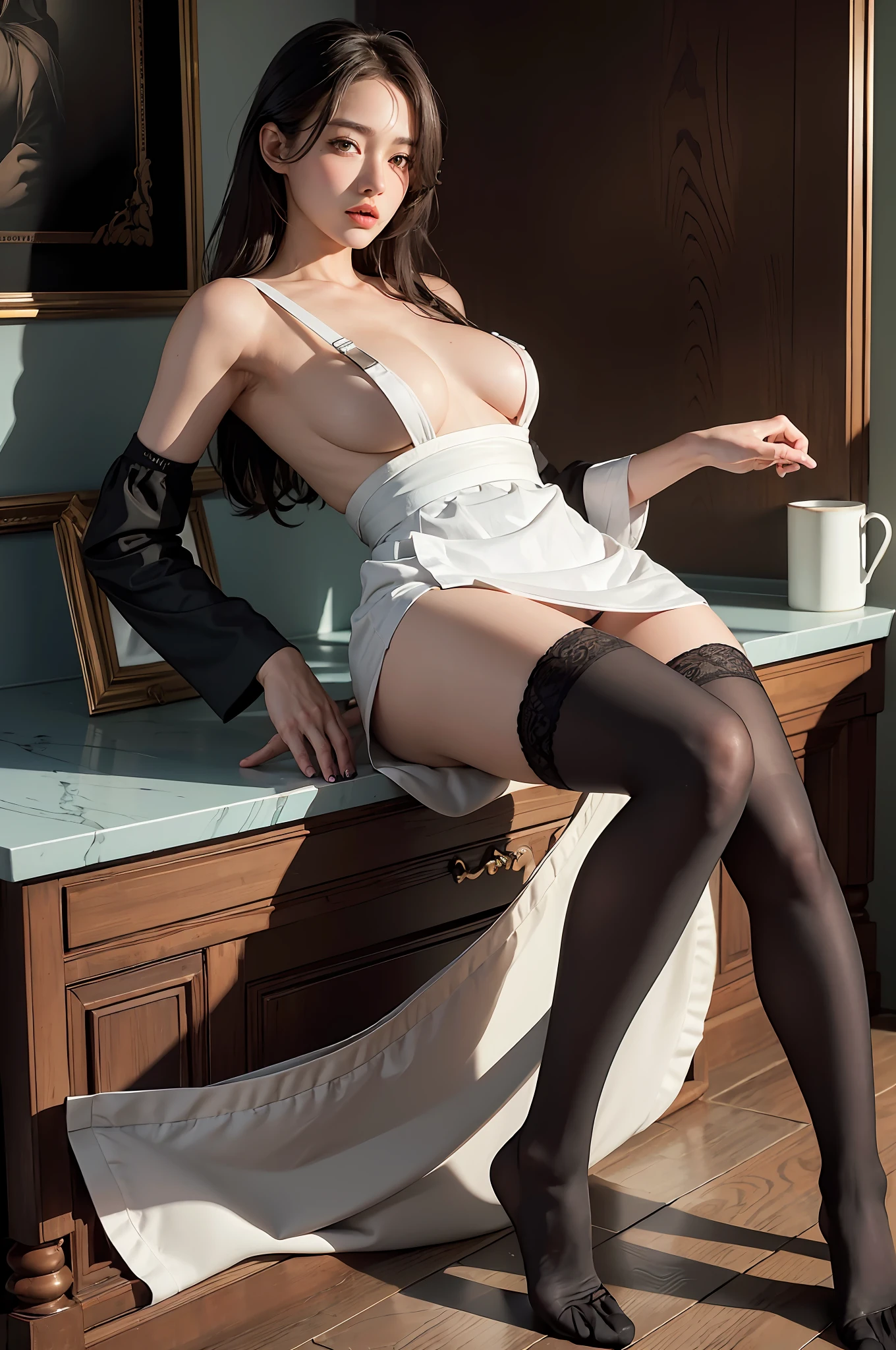 (hyperrealistic), (illustration), (high resolution), (8K), (extremely detailed), (best illustration), (beautiful detailed eyes), (best quality), (super detailed), (masterpiece), (wallpaper), (detailed face), solo, (dynamic pose), 1 girl, white wavy hair in the kitchen, korean, heterochromic eyes, small moles under the eyes, ((apron)), big breasts, long legs, tightens abs, (camel toes), (black stockings), (no panties), (no bra)