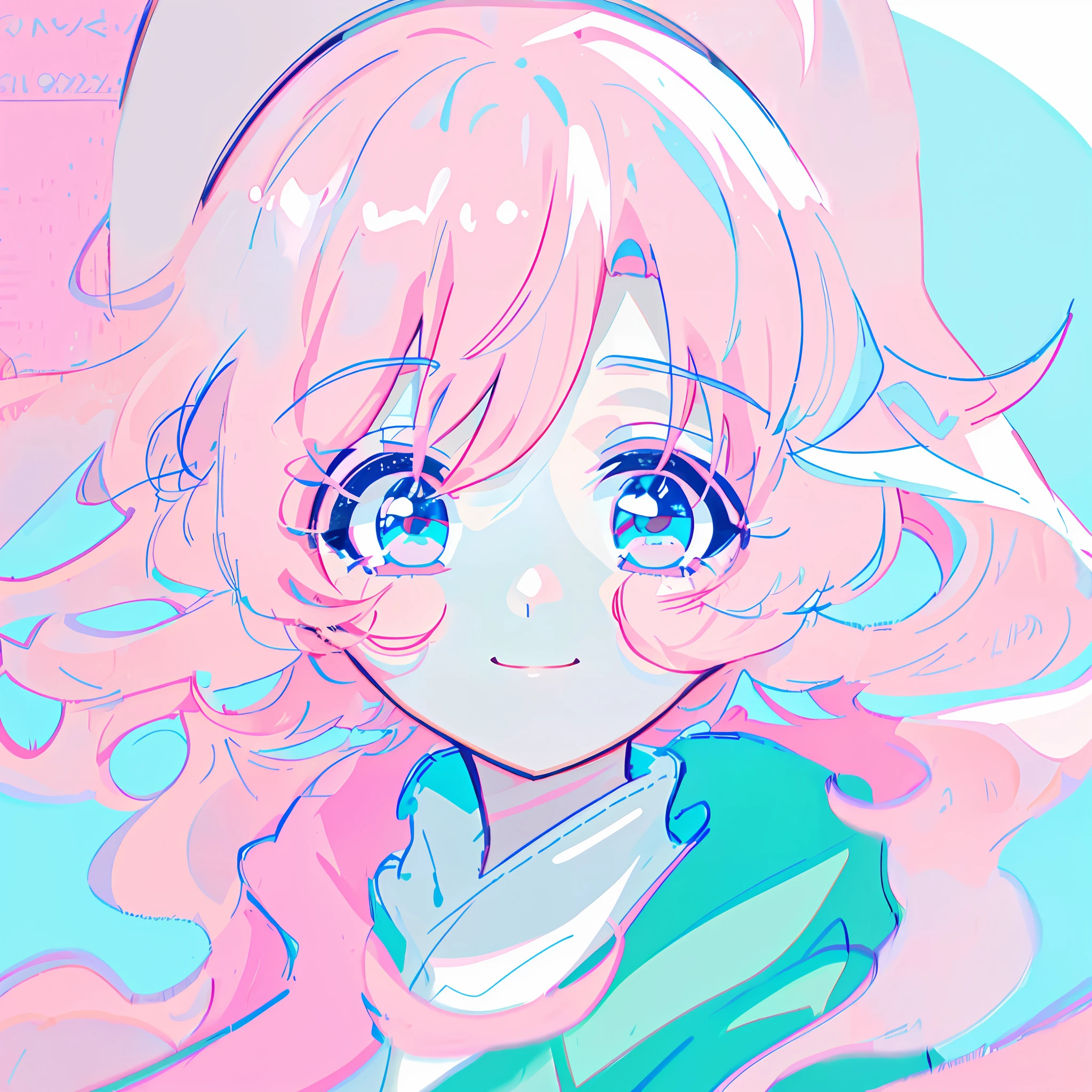 light blue and pink hair, anime, ghibli, anime style, close up, from side, first-person perspective, 8k, super detail, masterpiece,super detail, high quality, high resolution, high detail, white background, face detail, happiness, short curly hair,