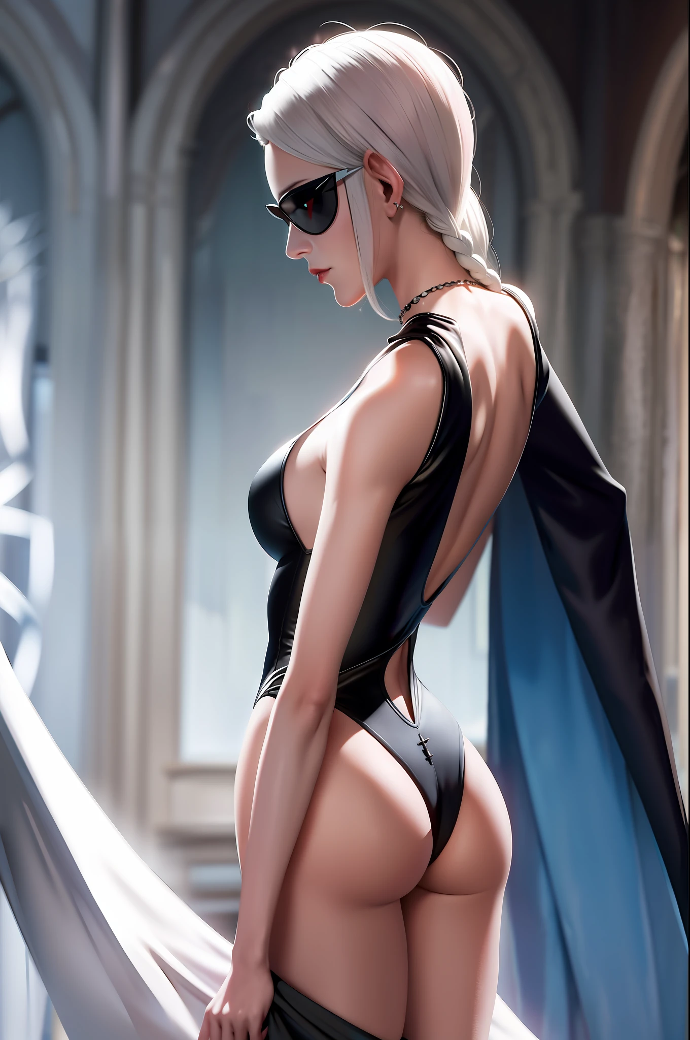 "Slender Harley Queen stands with her back turned, very beautiful, full of arrogance."