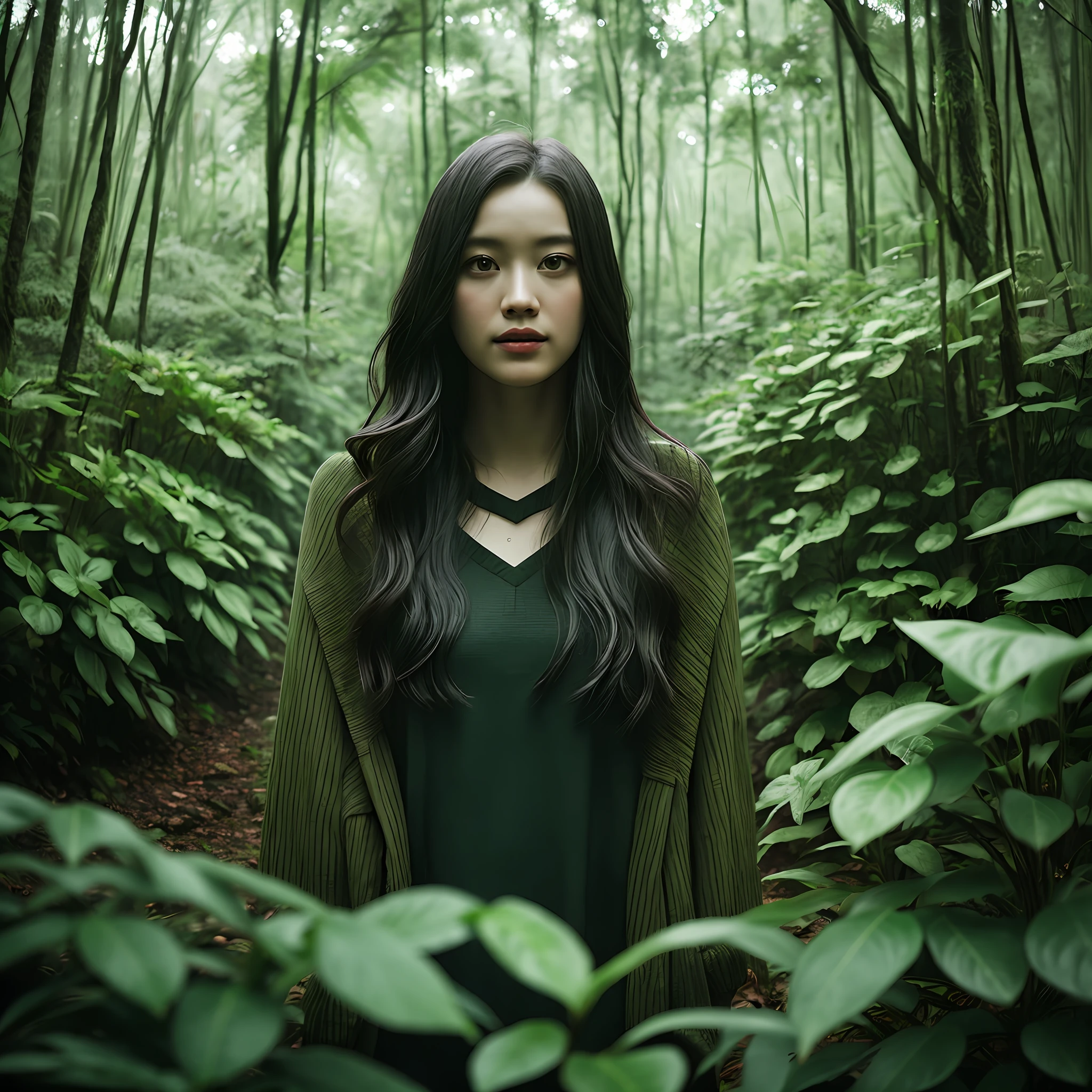 Plant Forest, raining Forest portrait photography, cinematic style, moody dark them,