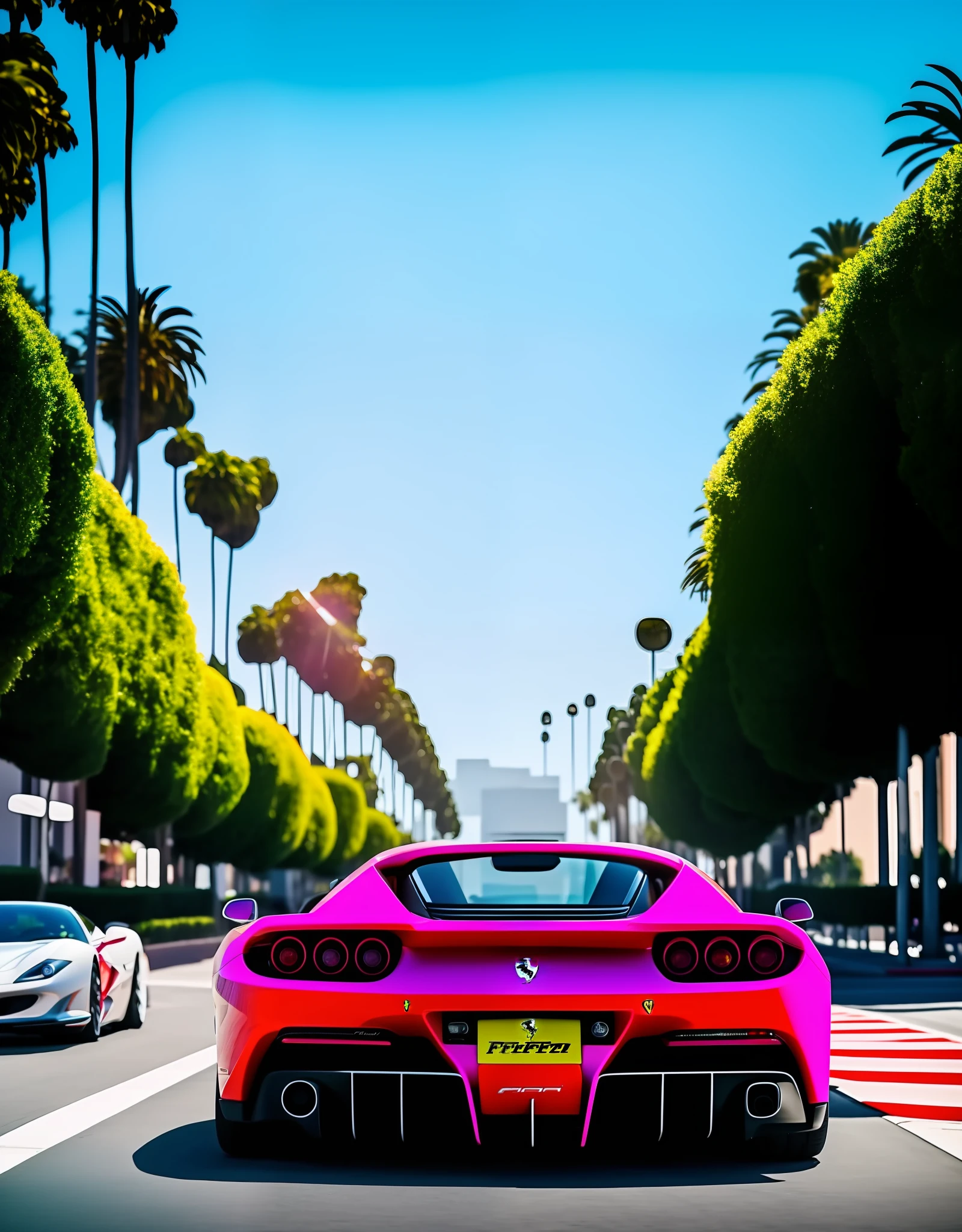 A Ferrari synthwave style, very beautiful, crossing the streets of Beverly Hills on a beautiful summer afternoon, very beautiful, cinematic style, photo realistic, 4k,16k,32k, HD, UHD, masterpiece, luxury sensing and ostentation.