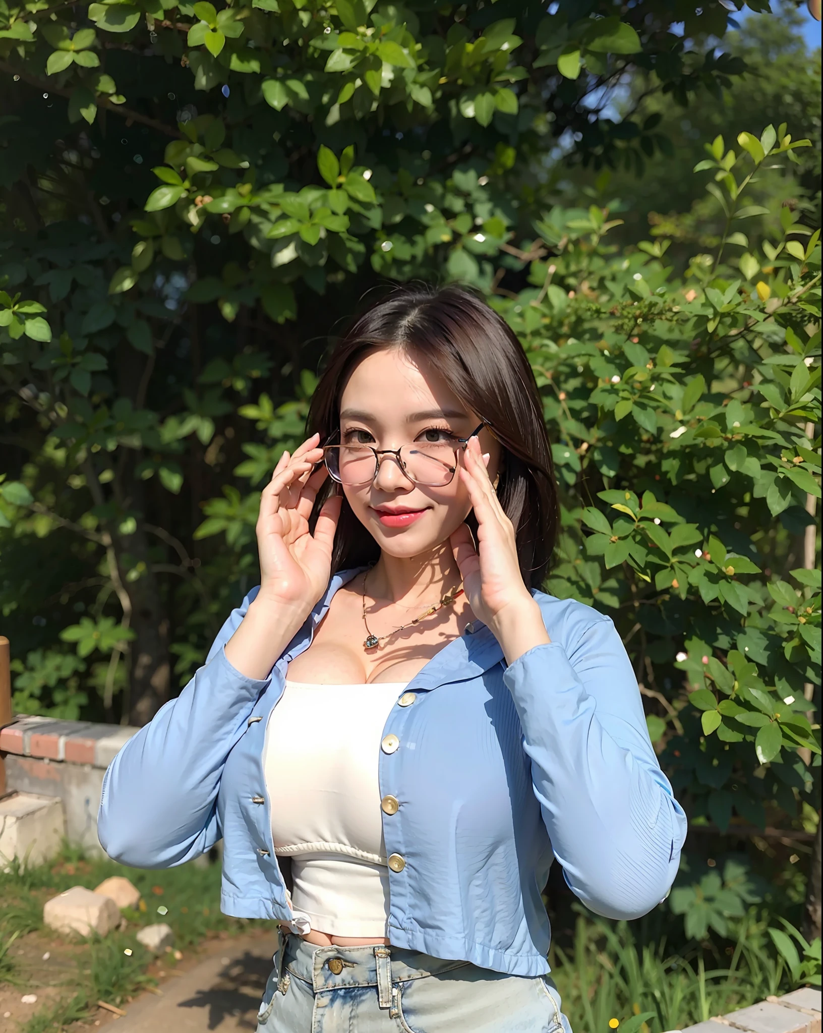 there is a woman that is standing in the grass with her hands up, headshot profile picture, with glasses, a young asian woman, avatar image, portait photo profile picture, xintong chen, professional profile picture, li zixin, young asian woman, profile picture, mai anh tran, young asian girl, casual pose, young and cute girl, with square glasses, (((((large boobs))))), smile