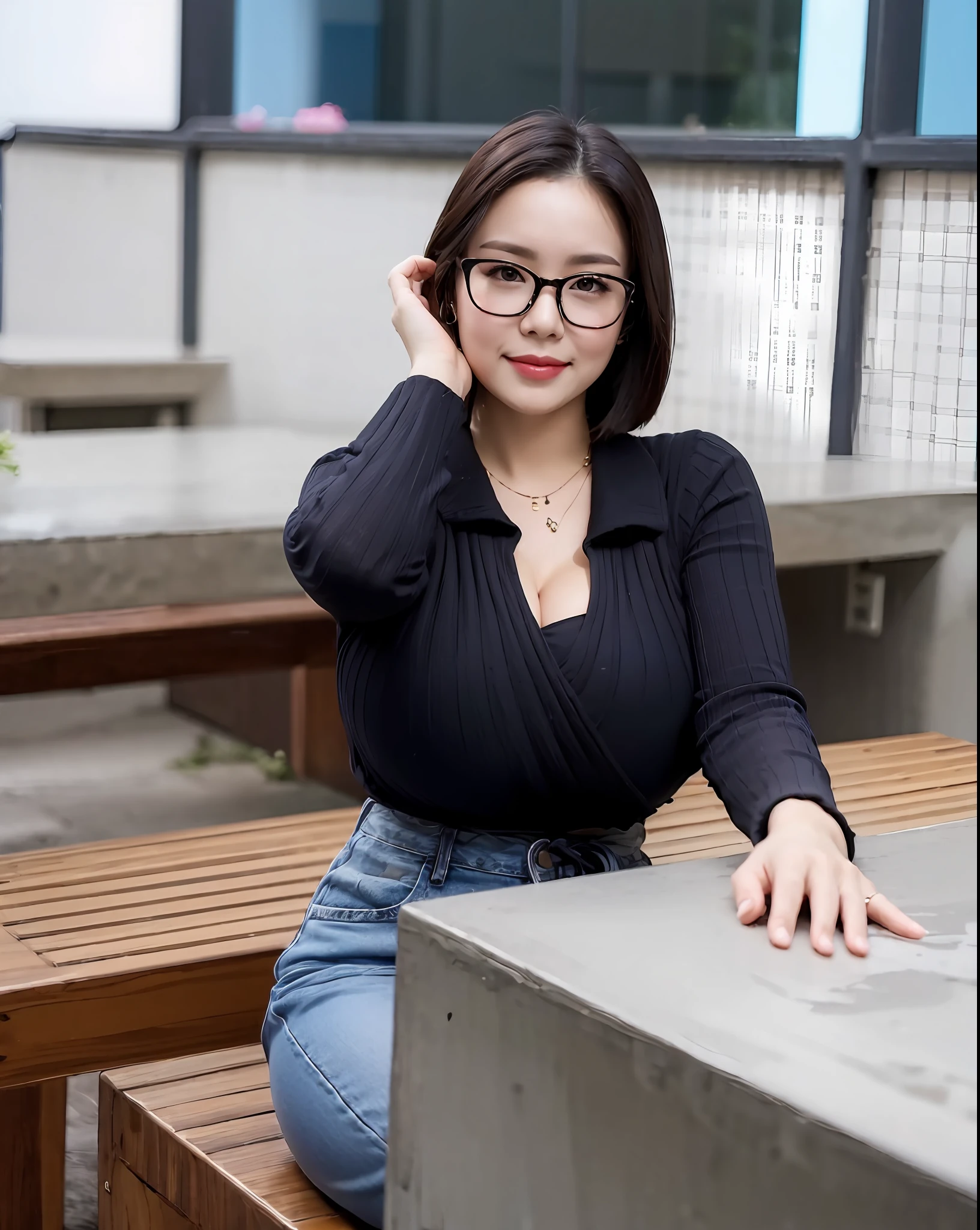 there is a woman sitting on a bench with glasses on, with glasses, with square glasses, thick glasses, korean girl, wearing thin large round glasses, with black eyeglasses, wearing square glasses, with glasses on, asian girl, casual pose, open v chest clothes, mai anh tran, shot on canon eos r5, shot on canon eos r 5, (((((huge boobs))))), smile, (((show cleavage)))