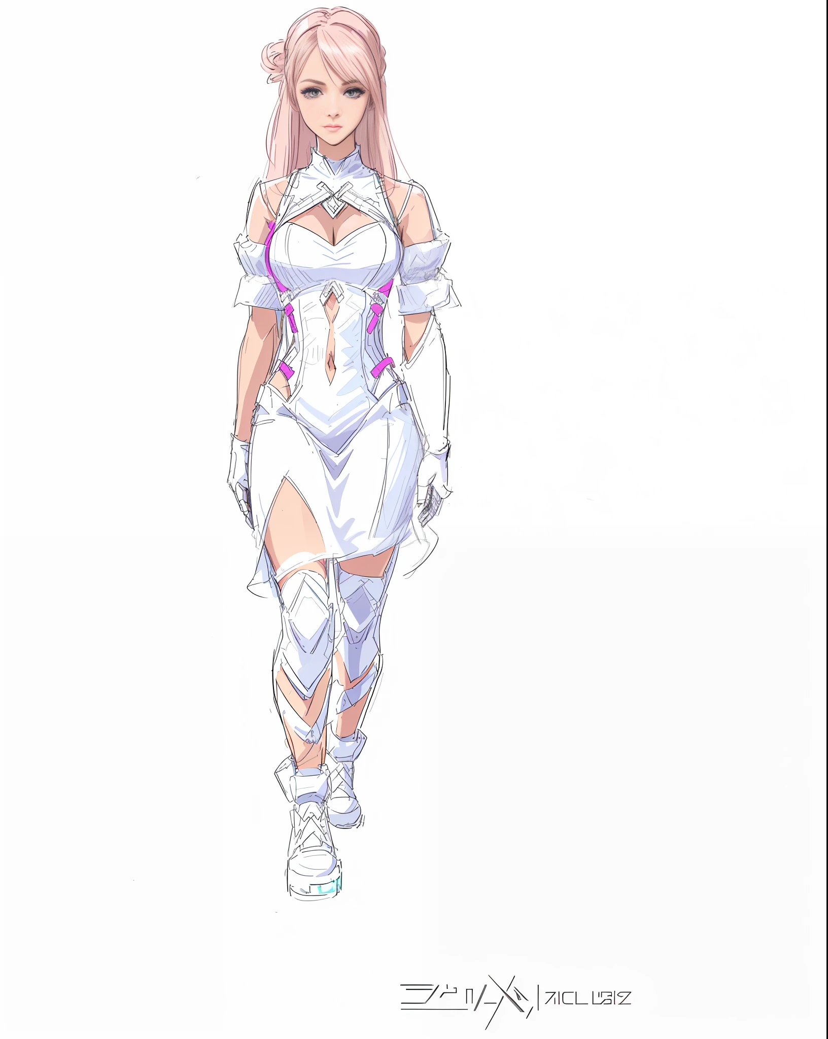 a drawing of a woman in a white dress and a pink top, clear outfit design, outfit design, cypherpunk fashion illustration, d & d style full body portrait, full body concept, new costume concept design, inspired by INO, full body with costume, full body character concept, valkyrie style character, character design humanoid, rpg portrait full body, fashionable rpg clothing