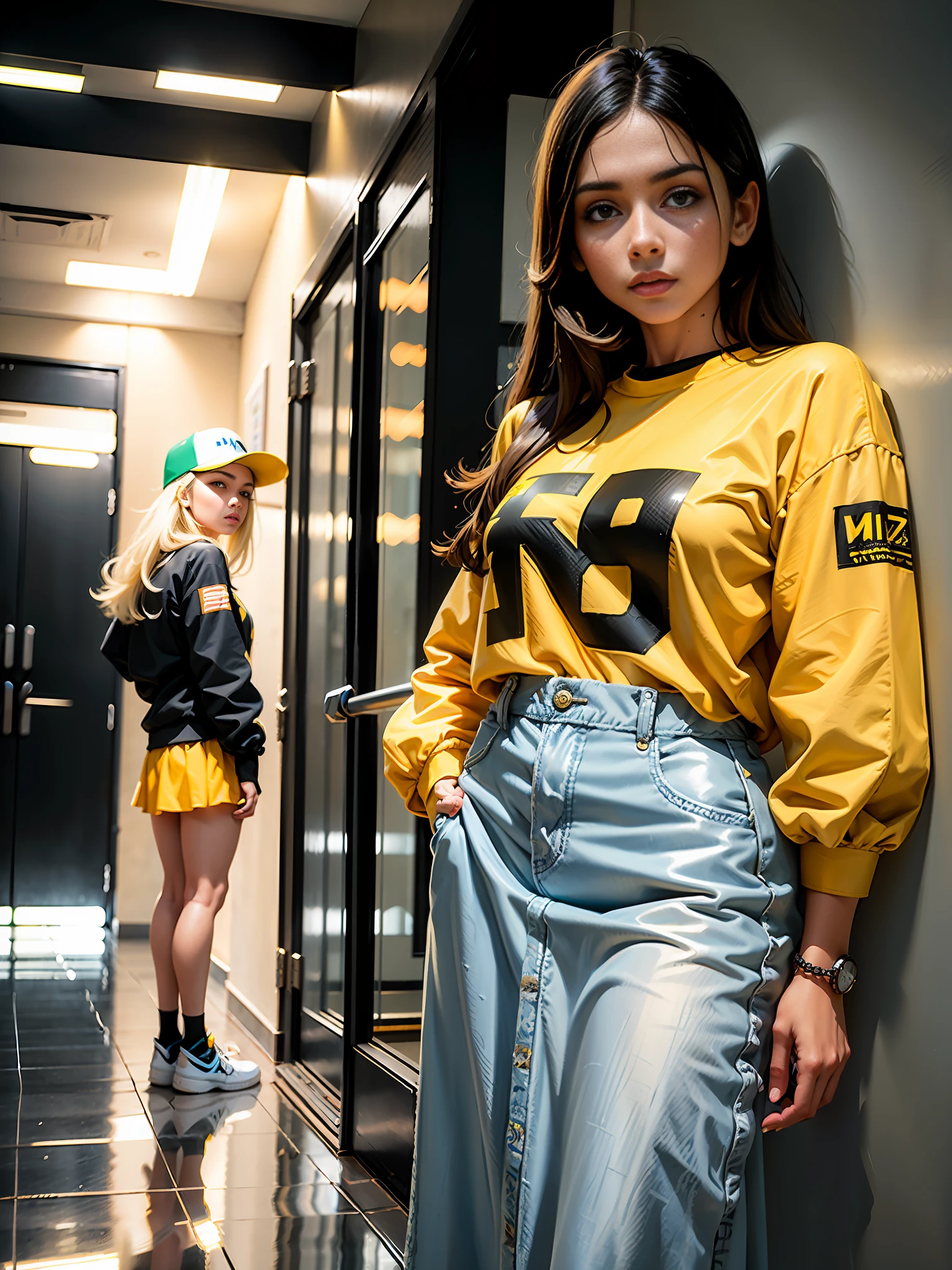 [1girl|solo], (masterpiece: 1.1), (best quality: 1.1), there is a woman standing in front of a wall, by Amelia Peláez, lorena avarez, alanis guillen, fernanda suarez, by Emma Ríos, photo of the outfit, photo portait, inspired by Germán Londoño, by Maria Helena Vieira da Silva, by Glòria Muñoz, yellow Hawaiian shirt, black shirt with yellow letters,  woman with long hair, woman 2 4 years old, white walls, granite floor,