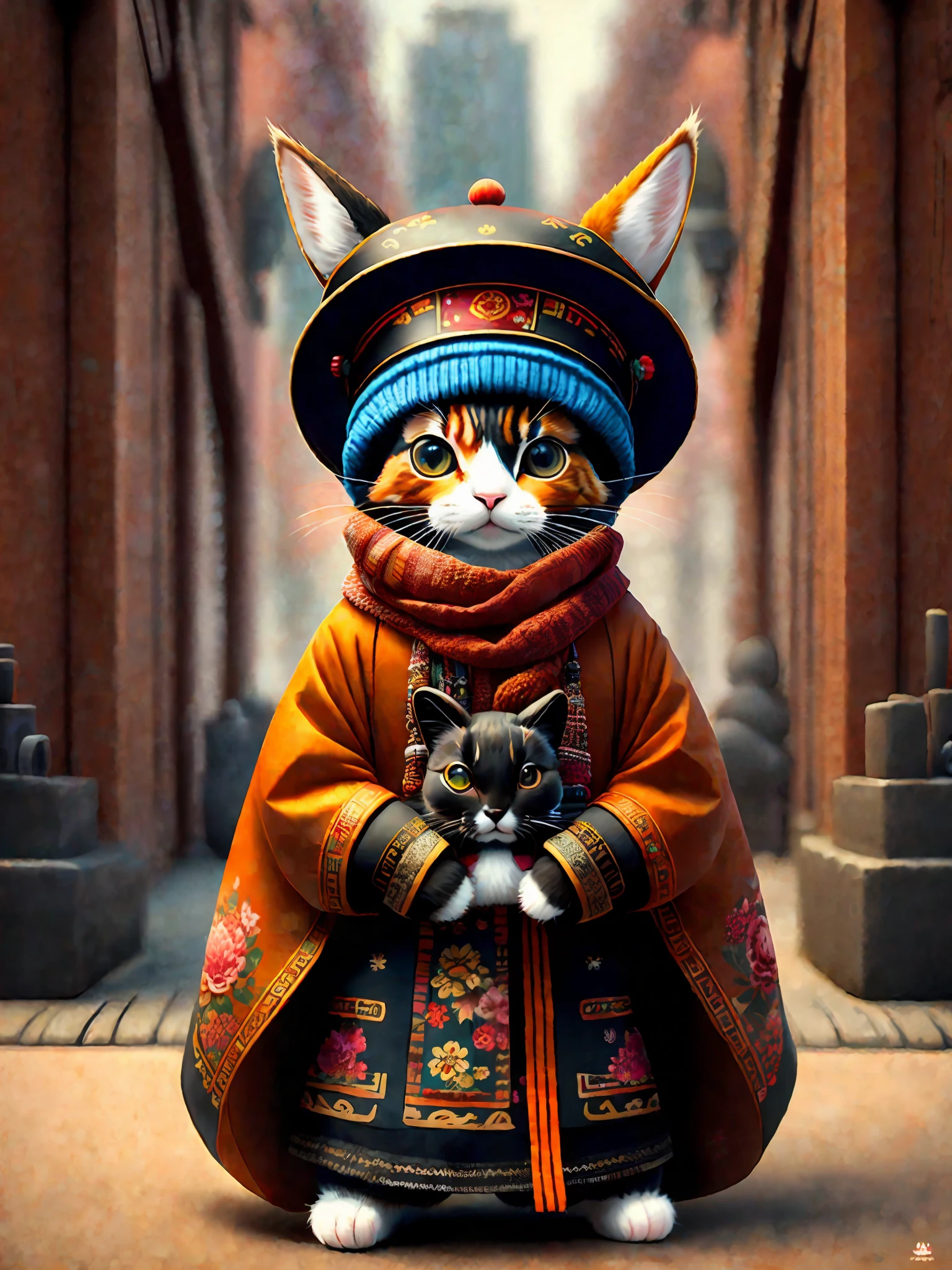 Pictures of cats in hats and scarves, art station trends, wearing punk clothes, ultra-realistic detailed rendering, traditional Chinese costumes, urban style, intimidating poses, planet of rabbits, fashion clothing, urban warriors, terracotta features, 8 1 5, figure style