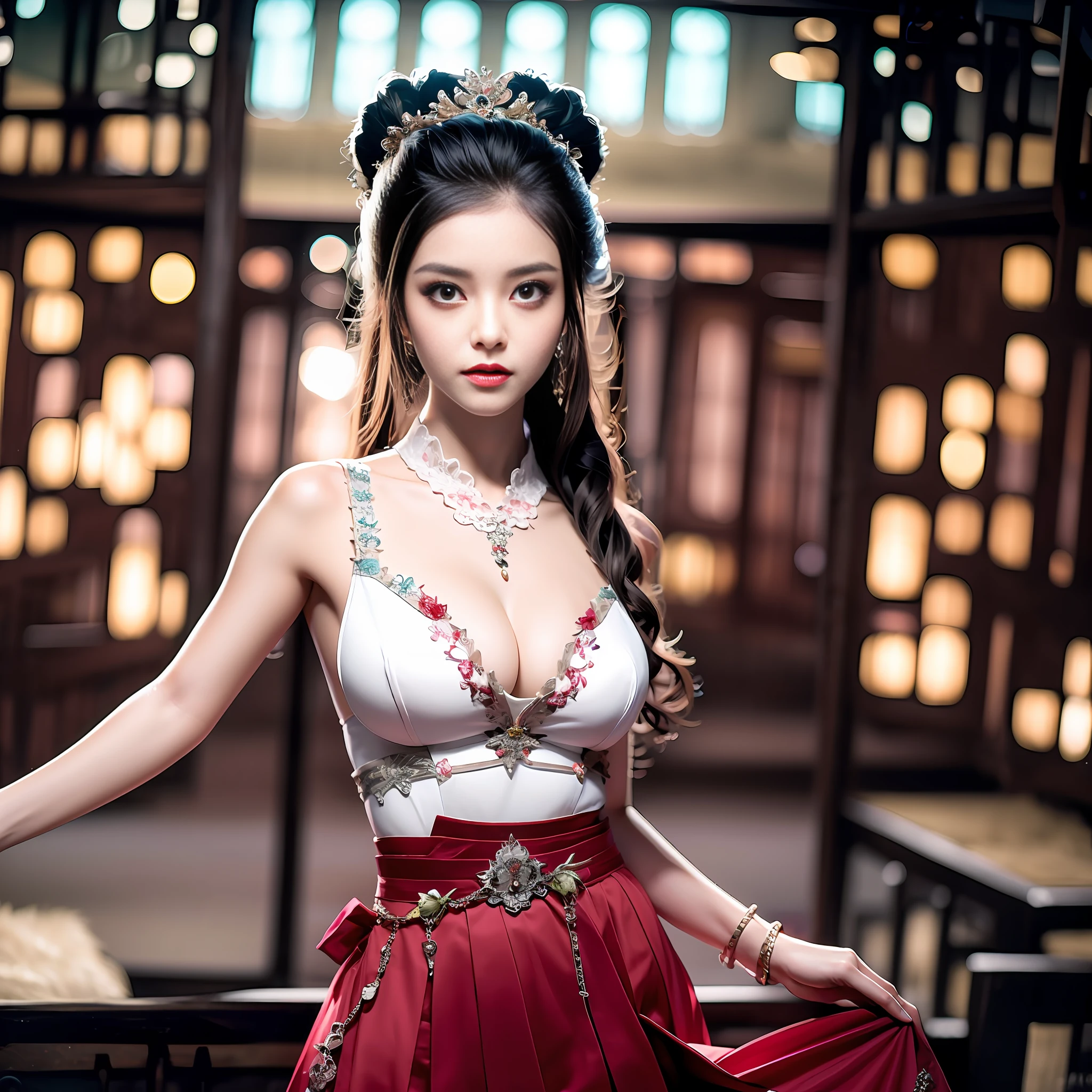 masterpiece, top quality, 8K, professional lighting, photon mapping, radiosity, physically based rendering, 1 girl, wuxi 1 girl, solo, ornaments, full body, absurdity, high resolution, skyline, beautiful detailed sky, covered, pleated skirt, elegant, haufu,