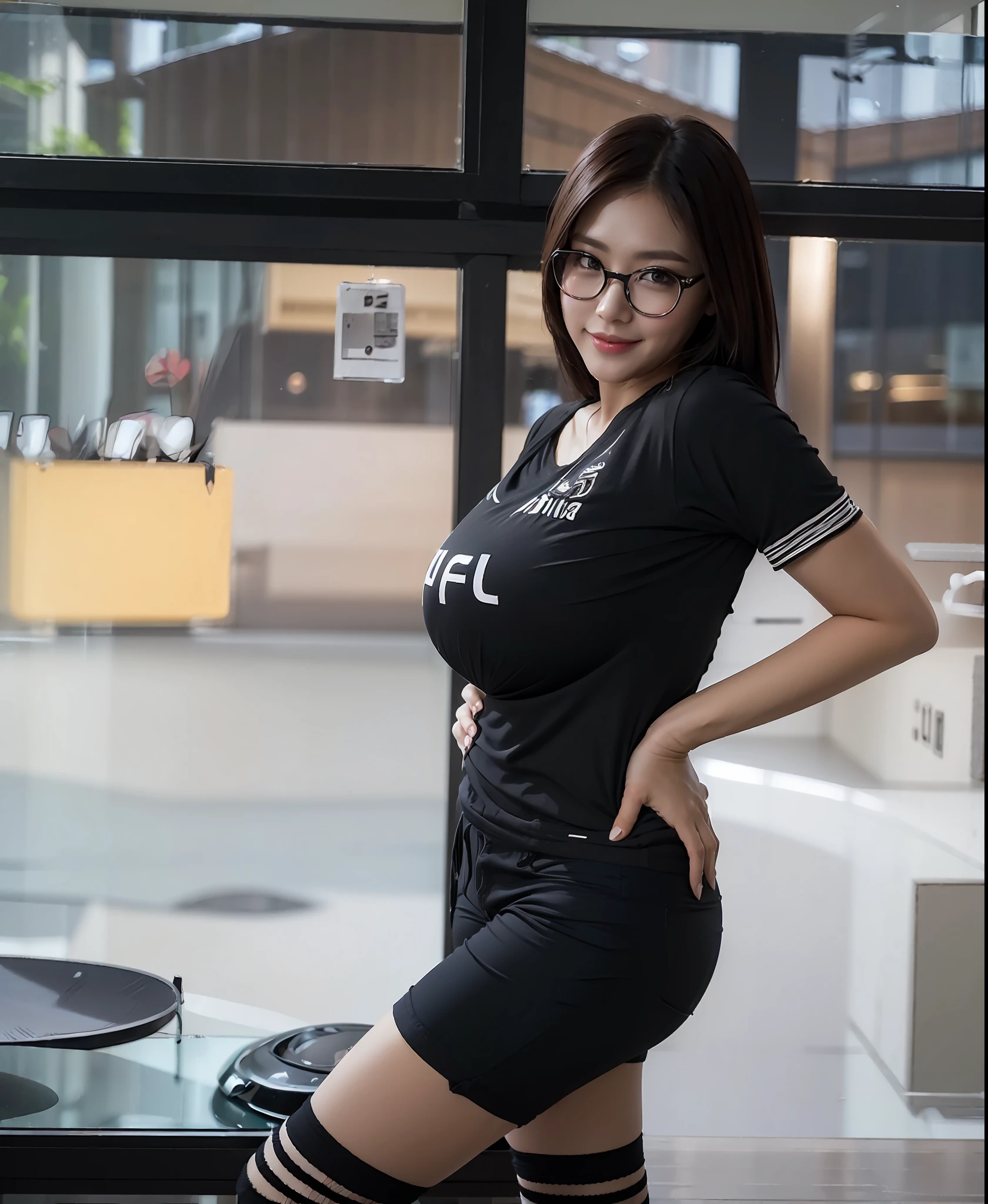 there is a woman that is posing in a black shirt and shorts, korean girl, casual pose, gorgeous young korean woman, with glasses, korean woman, 155 cm tall, anime thai girl, asian girl, beautiful south korean woman, wearing tight simple clothes, captured on canon eos r 6, e-sport style, gorgeous lady, 165 cm tall, (((((huge boobs))))), smile
