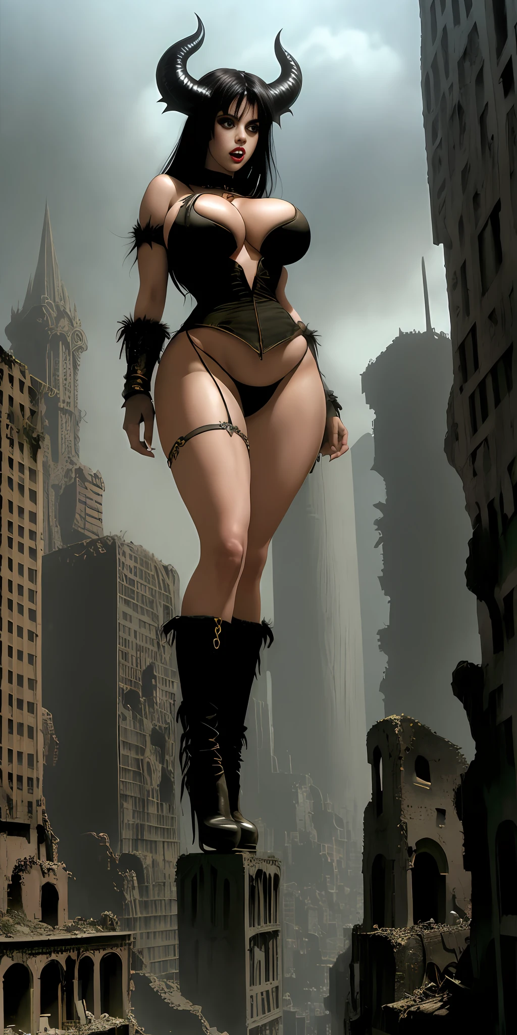 Fairuza Balk, gigantic breasts, massive breasts, (huge breasts:1.9) thin, thin waist, cleavage, succubus, demoness, tits larger than body, tits bigger than head, mostly tit, enormous breasts, destroyed city, city ruins, giantess, towering over small buildings, standing between much smaller buildings