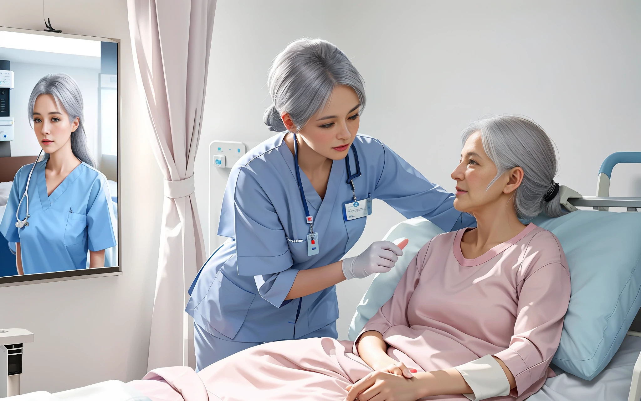 There is an old woman with gray hair in hospital bed and a brunette nurse, a beautiful artwork illustration, exciting photos, beautiful photos, hd photos, hospital photos, nursing homes, medical photos, medical staff, realistic style, high quality photos, real scenes, art, nursing, photographic art, extreme detail