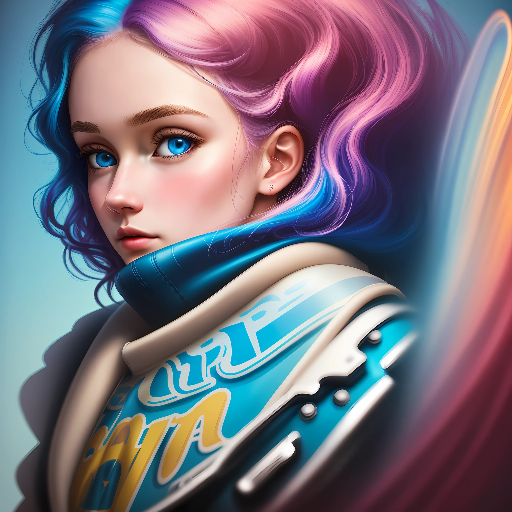girl with short bright wavy hair, blue eyes, aesthetically pleasing, beautiful, realistic, 8k, high resolution, high detail, pop art in the style of Andy Warhol