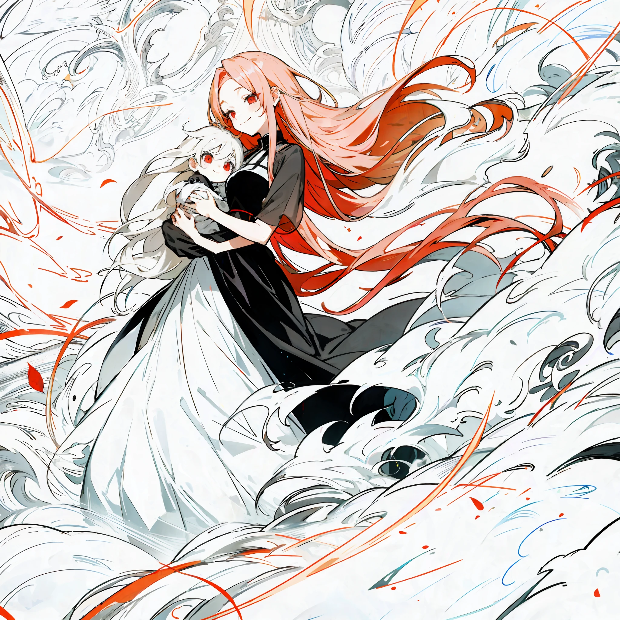 1female, harm smile, long flowing golden hair, red eyes, wearing black dress, carrying a child, anime