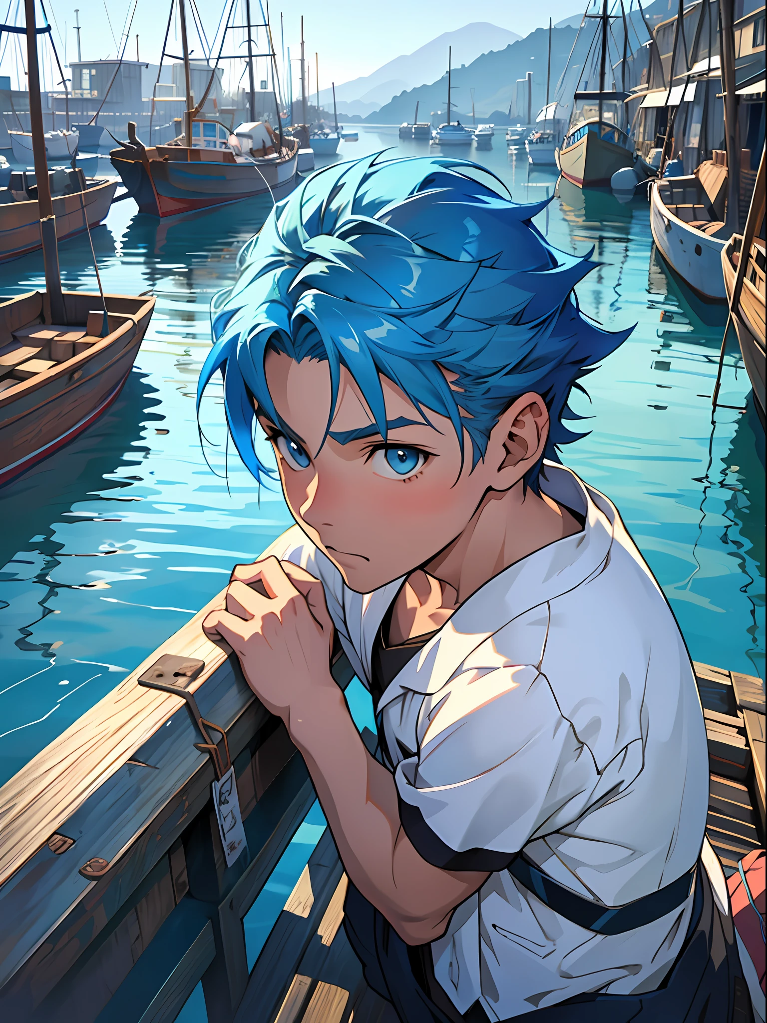 Blue hair, blue eyes, boy, boy looking down at the reflection in the water, port, anime style, best picture quality, in the port where fishing boats go back and forth,