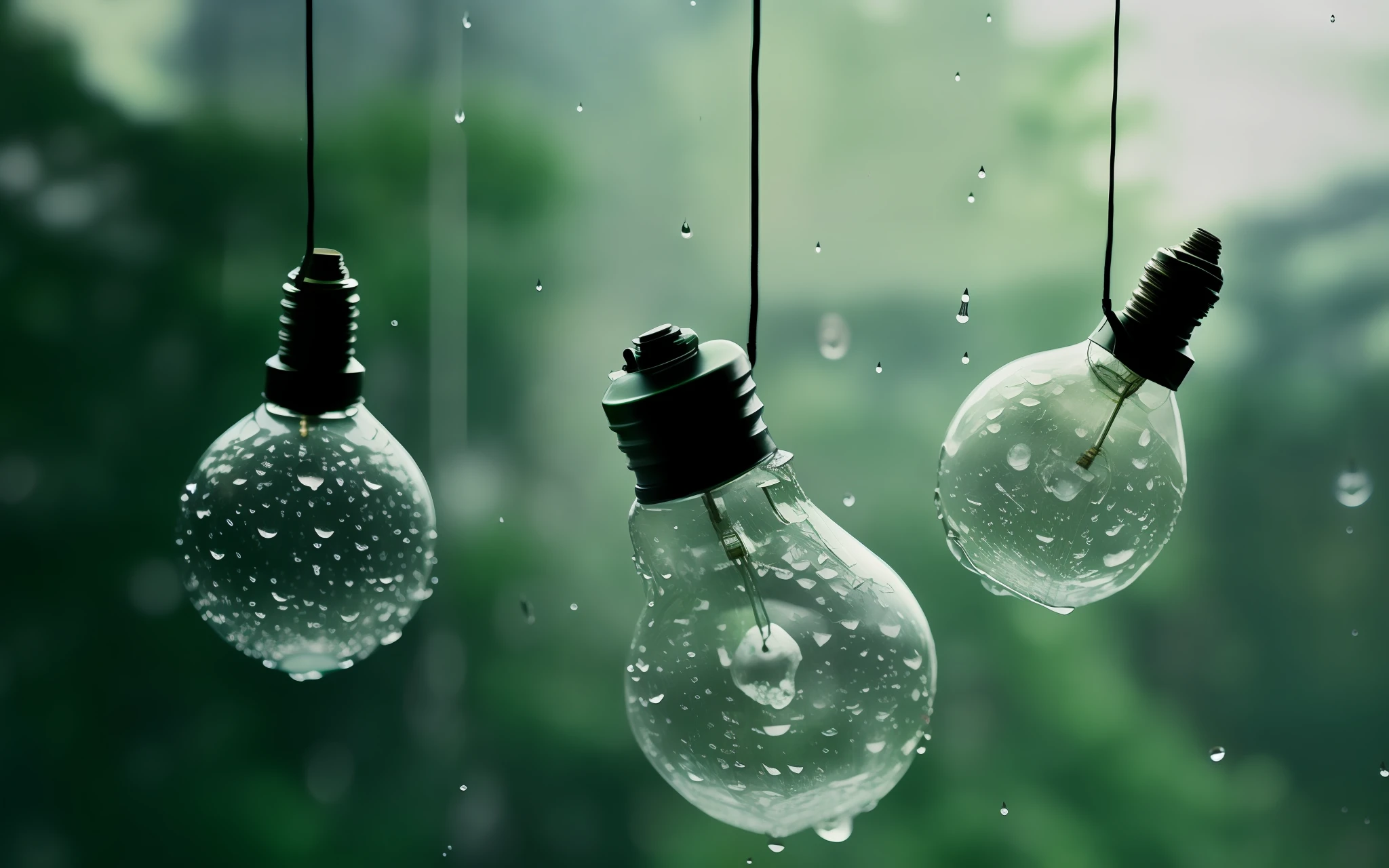 3D there are three light bulbs hanging from a window with a forest in the background, dripping light drops, light rain, glass rain, glass bulbs, raindrops, rain falls, light bulbs, wallpaper - 1 0 2 4, rain falling, hd wallpaper, rain drops, dreary lighting, drops, rainy mood, some bulb lights, raining, green rain, rainy atmosphere