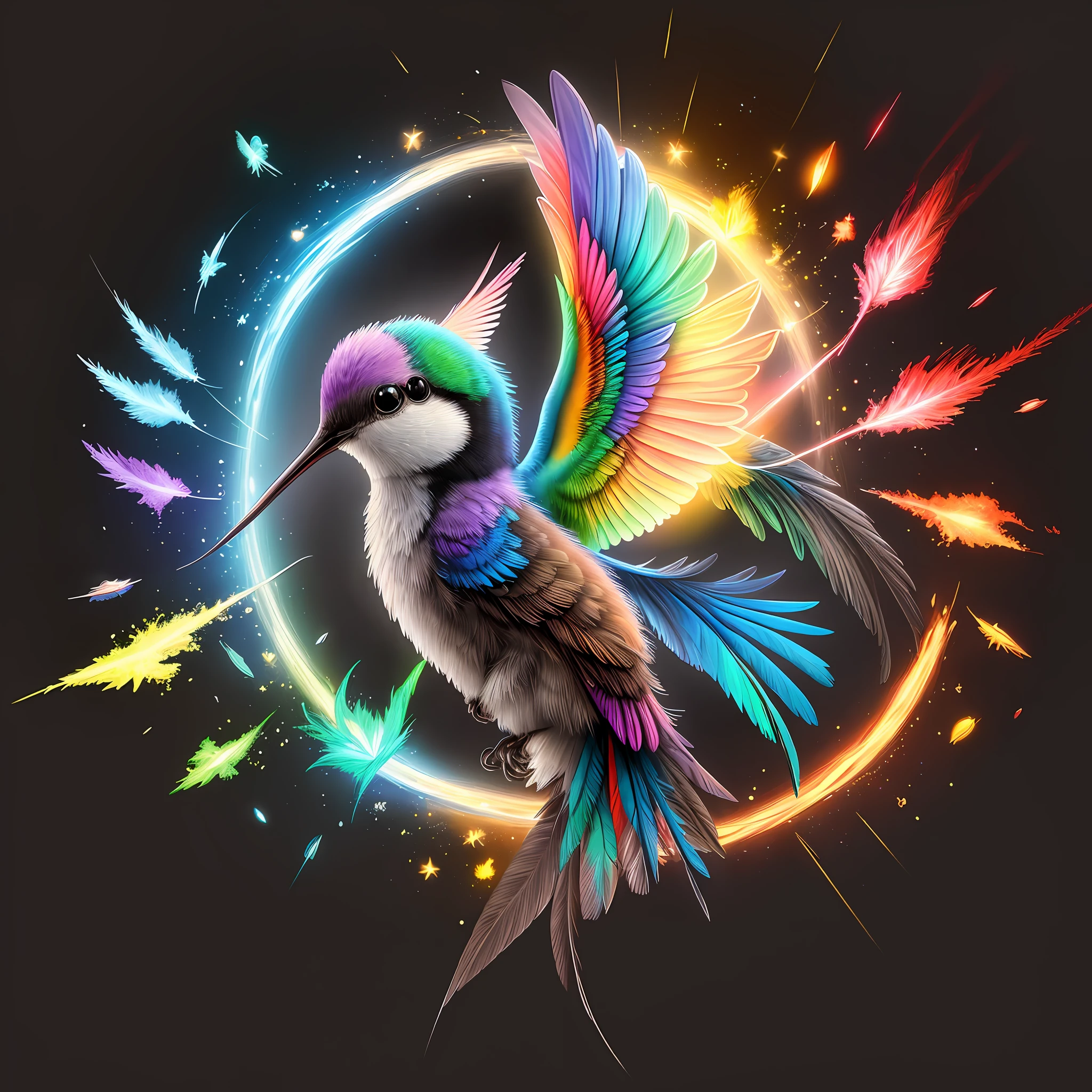 a colorful hummingbird painting on a black background,, breathtaking rendering, within a radiant connection, inspired by Kinuko Y. Craft,, magical elements, kitten icon, wow, is gorgeous, casting a multi colorful spell, bright flash, flash