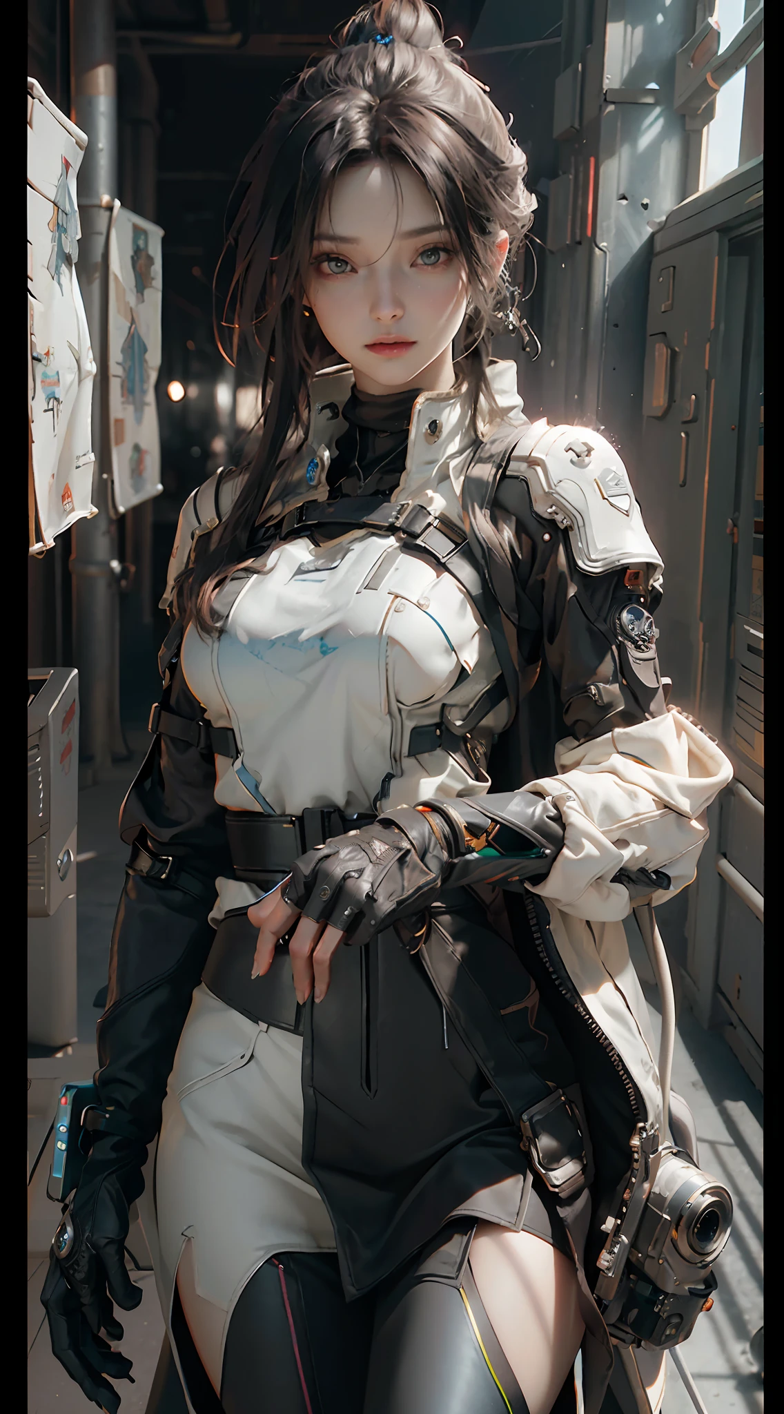 ((Best quality)), ((masterpiece)), (detailed:1.4), 3D, an image of a beautiful cyberpunk female,HDR (High Dynamic Range),Ray Tracing,NVIDIA RTX,Super-Resolution,Unreal 5,Subsurface scattering,PBR Texturing,Post-processing,Anisotropic Filtering,Depth-of-field,Maximum clarity and sharpness,Multi-layered textures,Albedo and Specular maps,Surface shading,Accurate simulation of light-material interaction,Perfect proportions,Octane Render,Two-tone lighting,Wide aperture,Low ISO,White balance,Rule of thirds,8K RAW,