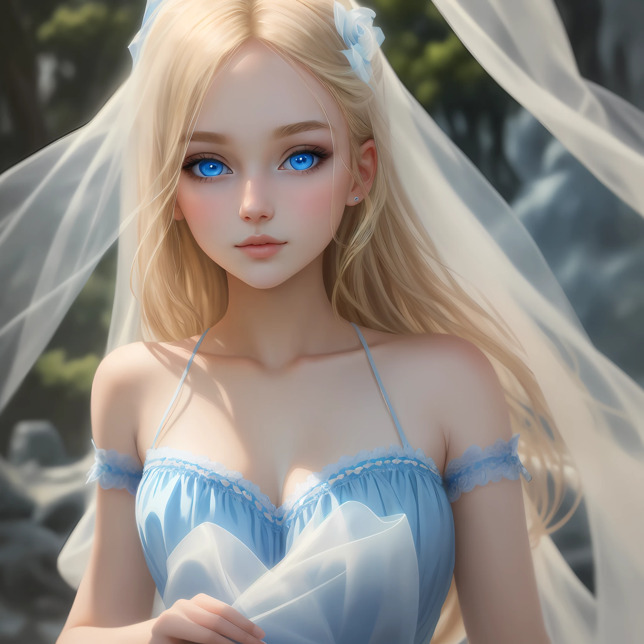 best quality,(masterpiece),an exquisitely (beautiful) girl with delicate features and a captivating gaze,perfectly lit to highlight her stunning (blue eyes),set against a (dreamy),otherworldly backdrop that evokes a sense of wonder and enchantment,blonde hair