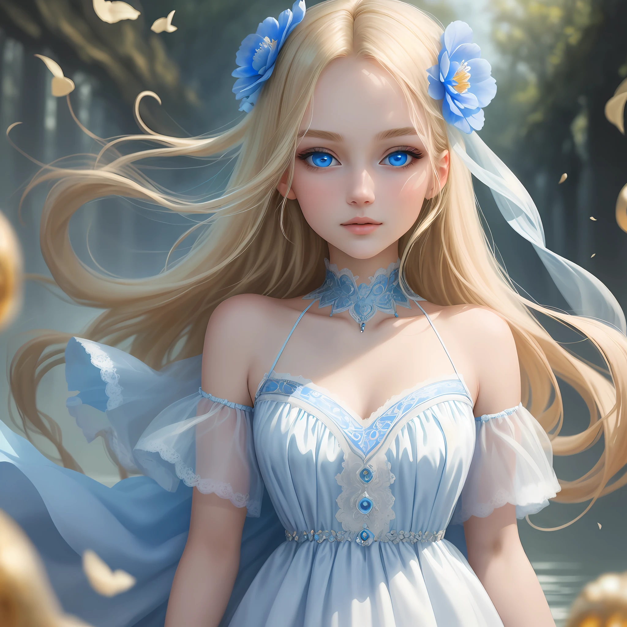 best quality,(masterpiece),an exquisitely (beautiful) girl with delicate features and a captivating gaze,perfectly lit to highlight her stunning (blue eyes),set against a (dreamy),otherworldly backdrop that evokes a sense of wonder and enchantment,blonde hair