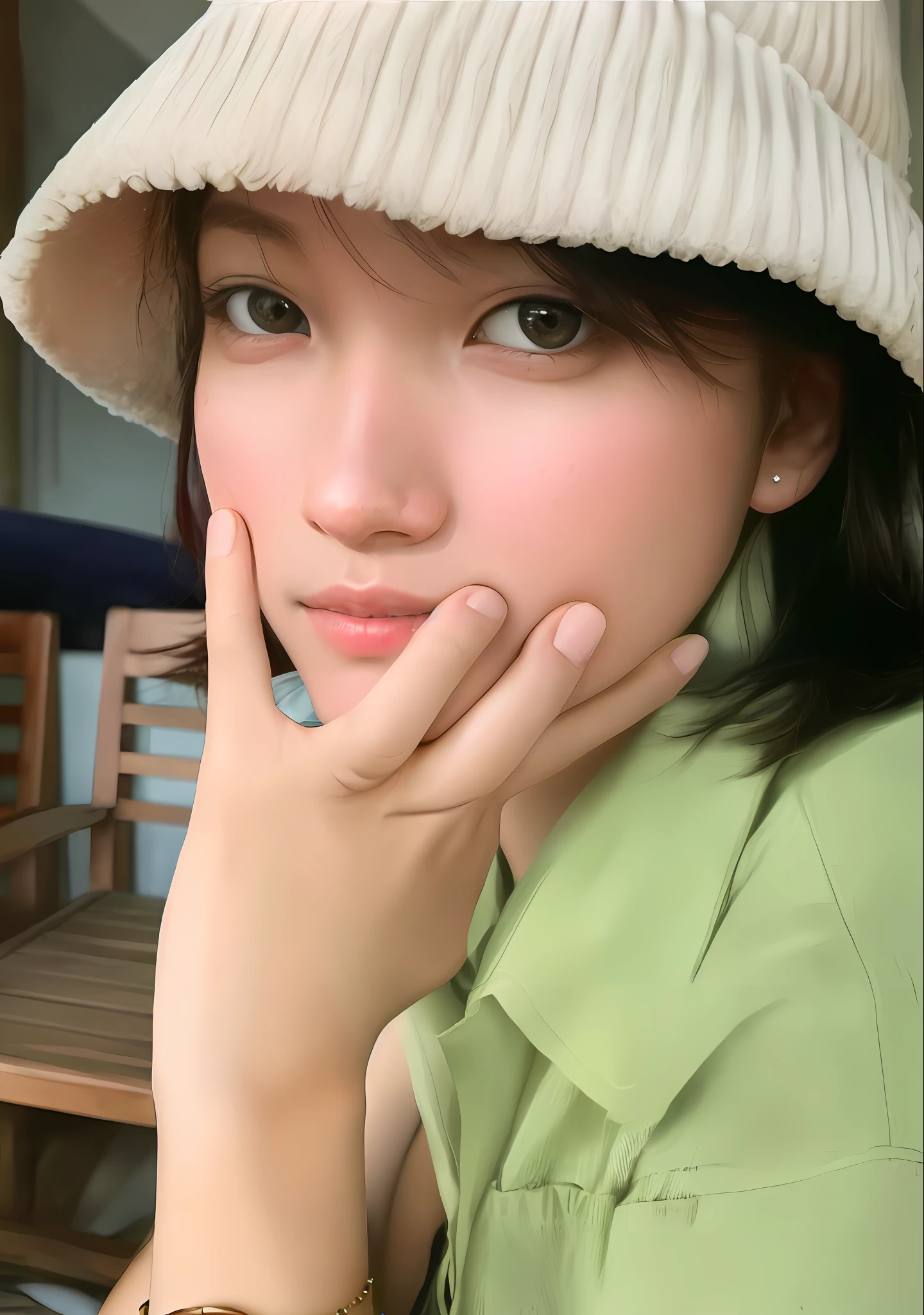 Without changing faces wearing bikini suit and sitting at the beach,best quality, face focus, soft light, (depth of field) ,ultra high res, (photorealistic:1.4), RAW photo, (portrait:1.4) ,(from side:1.2),delicate to bikini Dress,Nikon sharpness, solo, cute, (smile:1.1), (brown eyes), detailed beautiful face, (short_hair ), hotel-style room, Nikon sharpness,change background,Pink Colored Hair,Gucci Ring,High end Retouching,