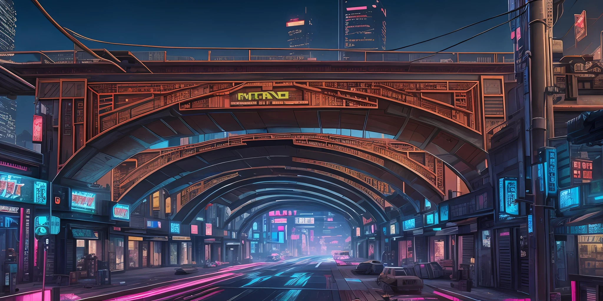 Cyberpunk city from sci-fi movie, wasteland, empty street, night, chinoiserie architecture, bridge, old shop, irregular, circuit board, wires, intricate, ultra detailed, realistic, hyper realistic, high quality, best , Super Detail, Crazy Detail, Very Detailed, Photorealistic, Epic Composition, Best Quality, 32k --v 6