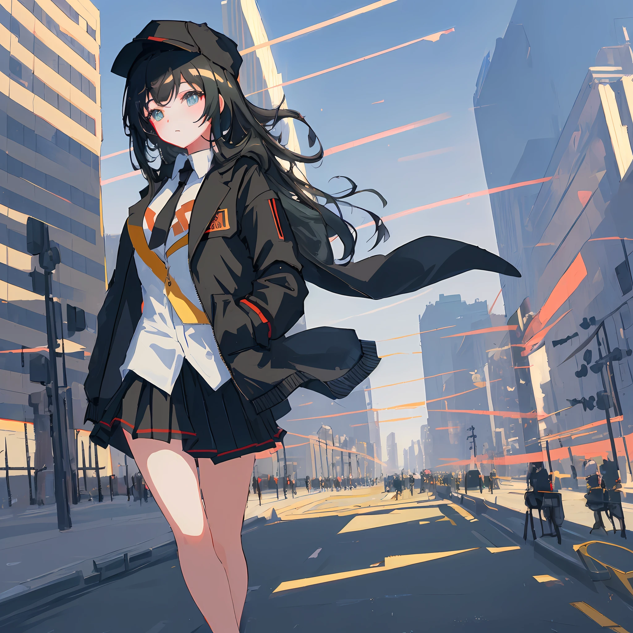 ((Masterpiece,best quality:1.2)),1girl,solo,anime girl,wearing black jacket,wearing a hat,sunny, surrounded by buildings,city, streets, cinematic lighting,highest quality digital art, Stunning art, wallpaper 4k,8k,64k, HD, unparalleled masterpiece, dynamic lighting, cinematic, epic