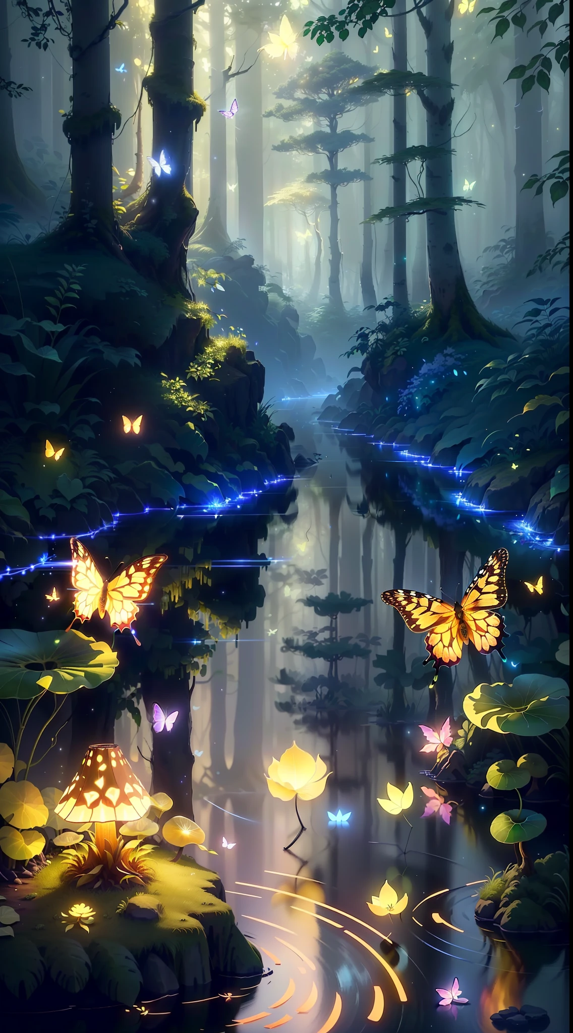 A masterpiece, the best quality, stunning reflections, the best reflections ever. (very detailed CG unity 8k wallpapers), (best quality), (best illustrations), (best shadows), forest theme with natural elements. Tall trees, quiet streams, small glowing mushrooms surrounded by delicate leaves and branches, with fireflies and glowing particle effects,, (natural elements), (jungle theme), (leaves), (twigs), (fireflies), butterflies, (delicate leaves), (glow), (particle effects). , Isometric 3D, Octane Rendering, Ray Traced, Super Detailed
