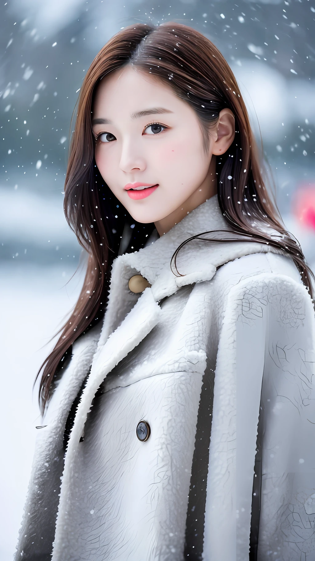 realistic photos of (1 cute Korean star) Shoulder-length hair, thin makeup, medium breasts size, wearing coat, in the snow, clear facial features, 8K high resolution, sharp and realistic details.from outside, Eye-Level Shot, f/4.0, 135mm, Fujifilm, jpeg artifacts, dithering, UHD, masterpiece