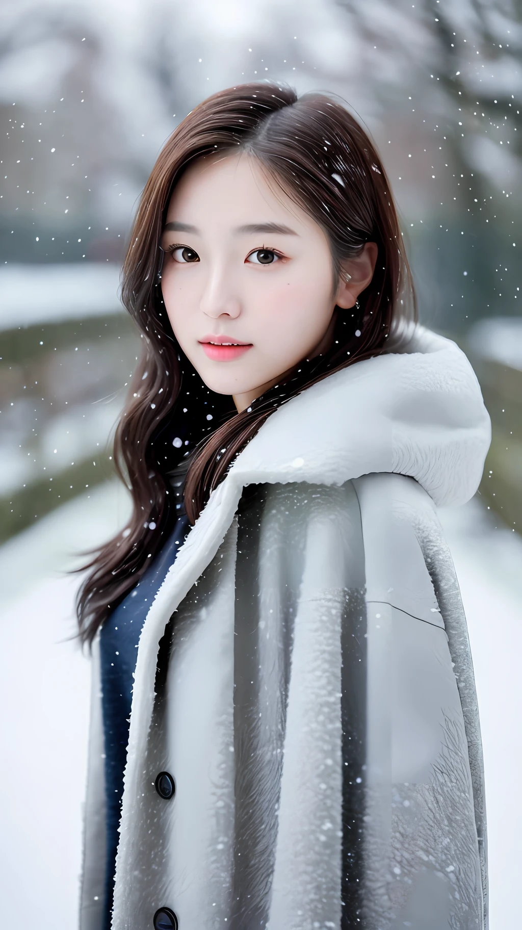 realistic photos of (1 cute Korean star) Shoulder-length hair, thin makeup, medium breasts size, wearing coat, in the snow, clear facial features, 8K high resolution, sharp and realistic details.from outside, Eye-Level Shot, f/4.0, 135mm, Fujifilm, jpeg artifacts, dithering, UHD, masterpiece