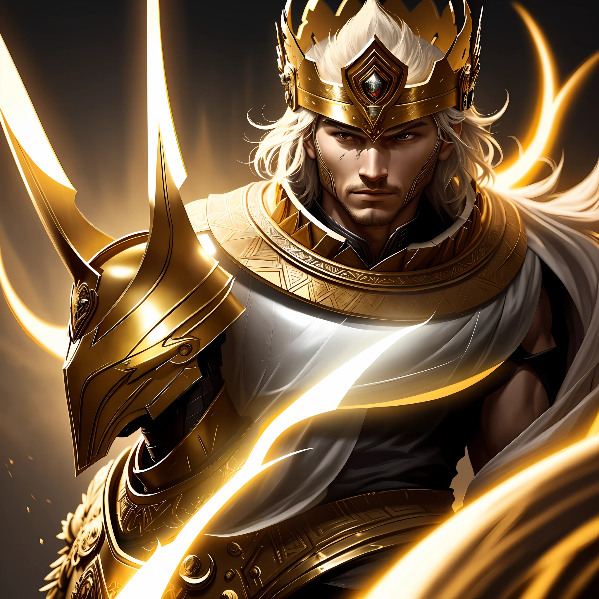 I would like a conceptual image of a warrior wearing impressive armor, with a beautiful crown that resembles a helmet. The warrior must be dressed in detailed armor and wear a cape. The detail that holds the cover can be done in golden armor. In addition, the warrior must have his face at a profile angle. The art needs to be in the conceptual style, with brush strokes that reflect that style, and it should look like finished art. It can have a scenario that can be just a wall, drop shadow atmospheric perspective Luminism with a background of the sun reflecting his armor and as if it were just a silhouette of the character the style has to look like a character from the game valorant