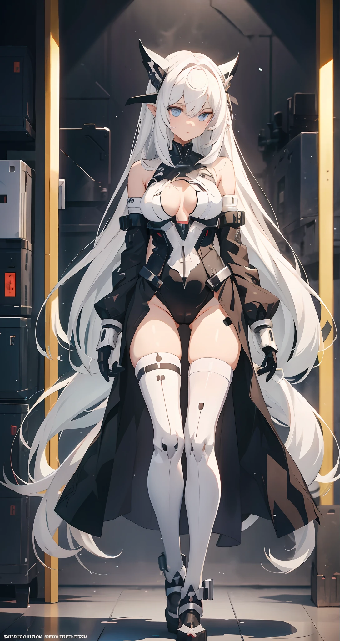 Flat chest, poor milk, white hair, anime poor milk girl long hair, black clothing, black background front, full body concept, full body can be used, cyborg, necromancer, poor milk girl, anime full body illustration, anime poor milk woman full body art, anime poor milk characters, full body art, 2D anime style, full body, flat_chest