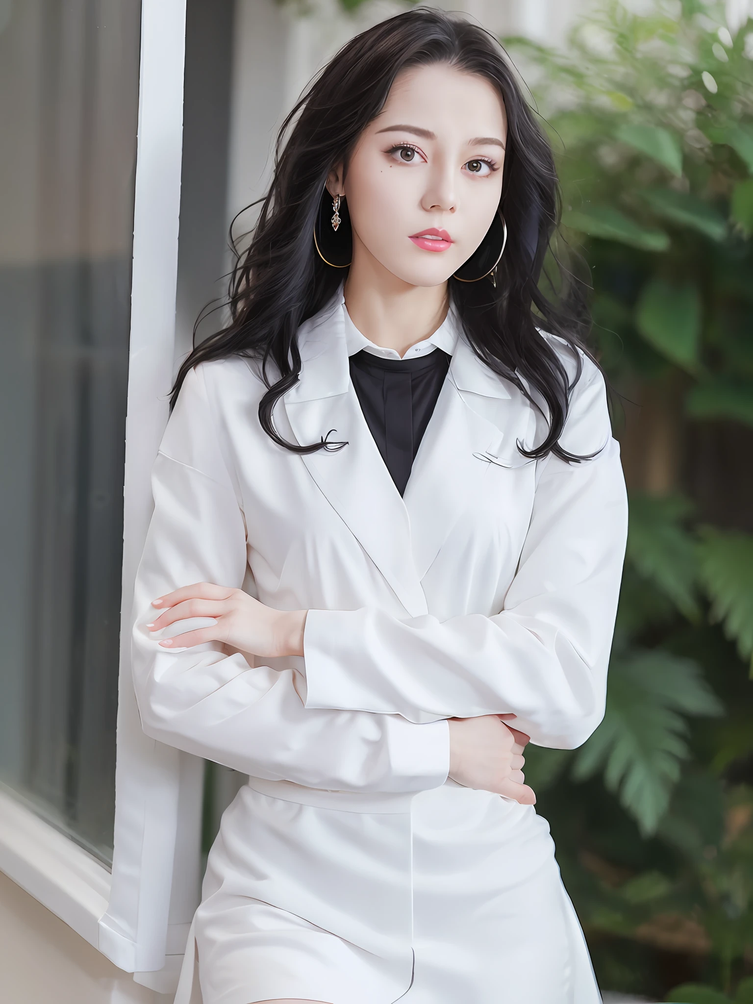 Best Quality, Full Body Portrait, Delicate Face, Beautiful Face, Big Eyes: 1.1, Makeup: 1.2, 25 Years Old Woman, Slim Body, Small Bust, OL Uniform, Female White Collar Uniform, Office Uniform, Black Stockings, Outdoor Scene, Standing, Long Hair, Nudity, Nudity, Nudity